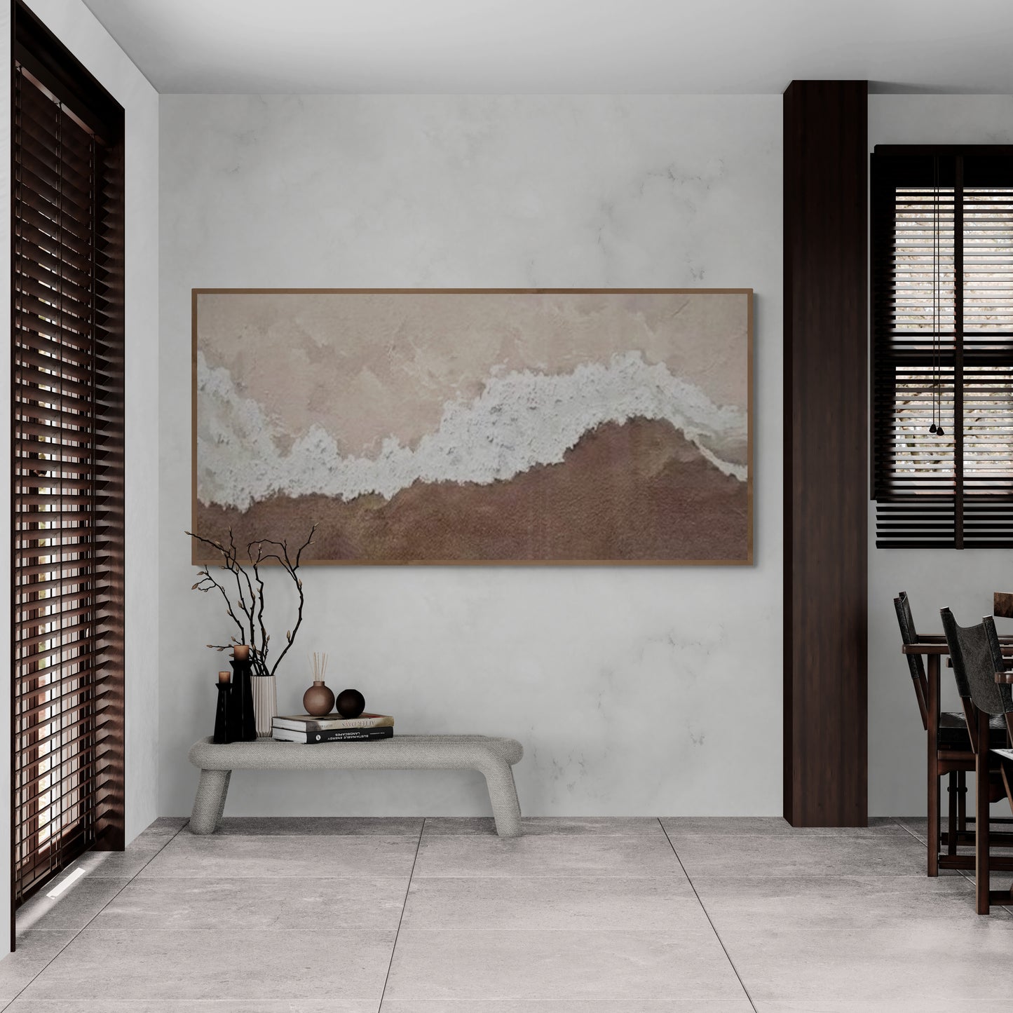 With wooden frame and acrylic paint ,Boho textured wall ,Brown ocean wave , Brown coastal  wall decor ,Sea wall art