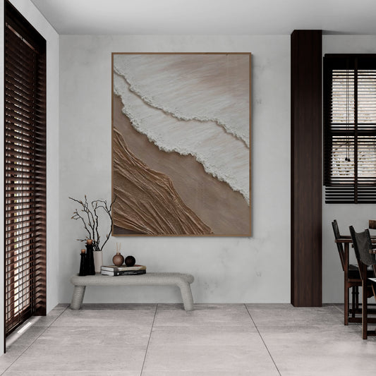 With wooden frame and acrylic paint ,Boho textured wall ,Brown ocean wave , Brown coastal  wall decor ,Sea wall art
