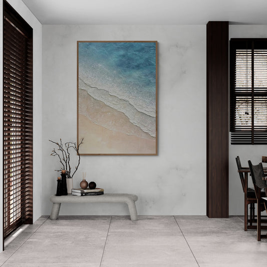 Heavy relief art ,Blue ocean wave ,Brown coastal wall decor ,Abstract handmade wall art ,With wooden frame and acrylic paint