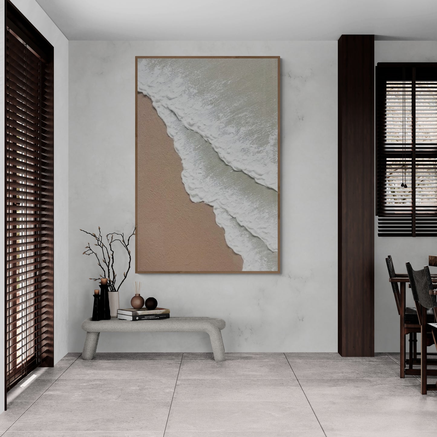 3D texture ,With wooden frame and acrylic paint ,White ocean wave ,Brown coastal  wall decor ,Plaster art texture ,Sea beach relief