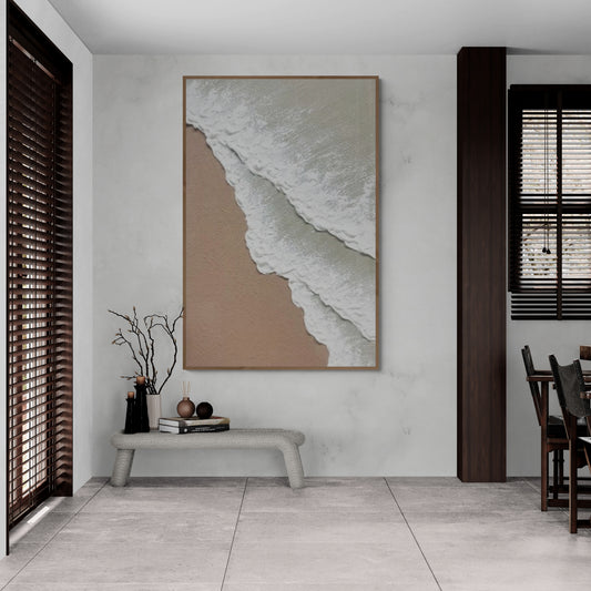3D texture ,With wooden frame and acrylic paint ,White ocean wave ,Brown coastal  wall decor ,Plaster art texture ,Sea beach relief