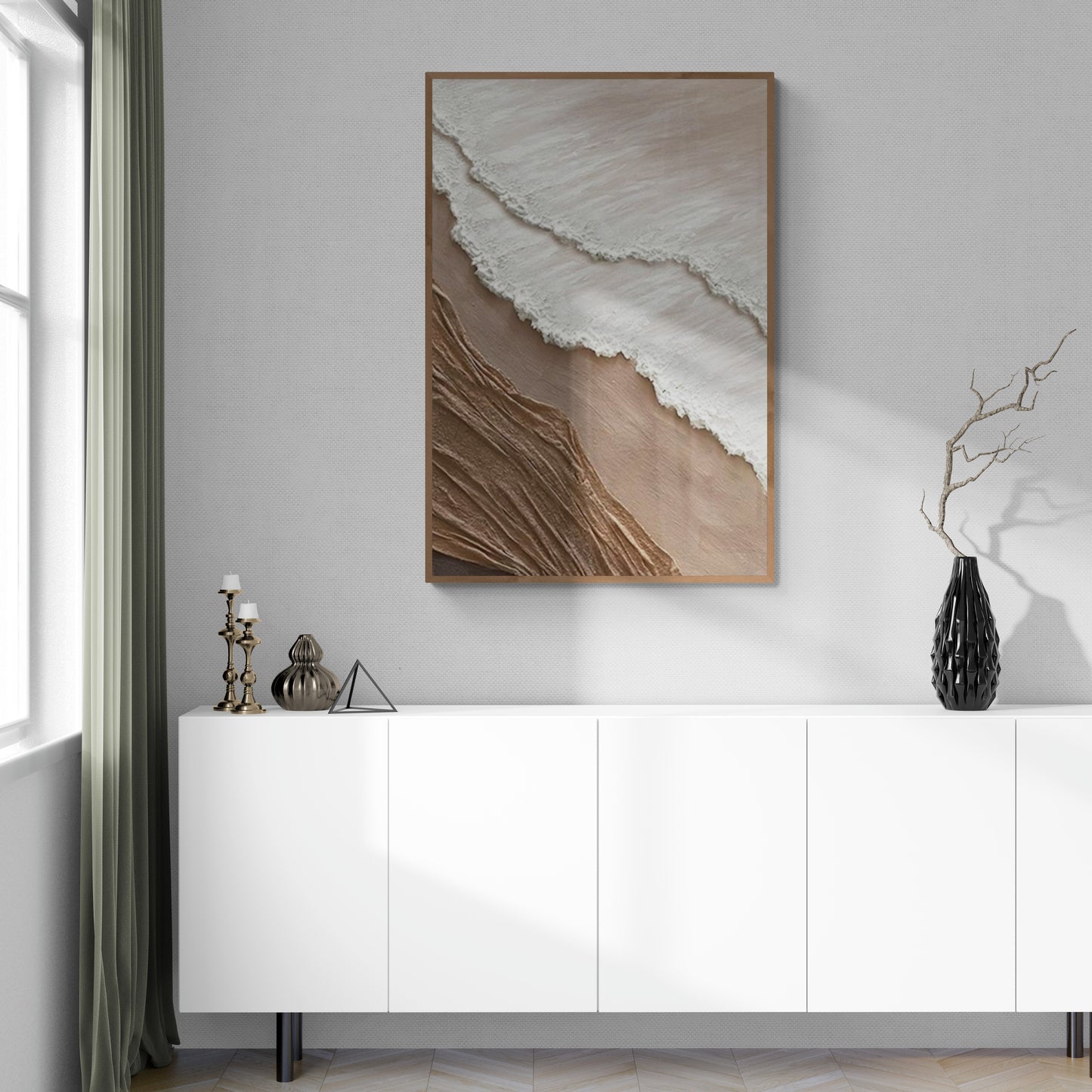 With wooden frame and acrylic paint ,Boho textured wall ,Brown ocean wave , Brown coastal  wall decor ,Sea wall art