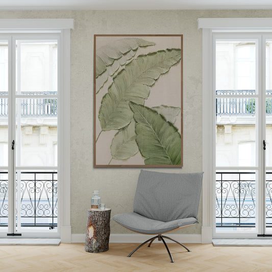 Minimalist green leaves ,Original abstract relief ,With wooden frame and acrylic paint ,Boho textured wall