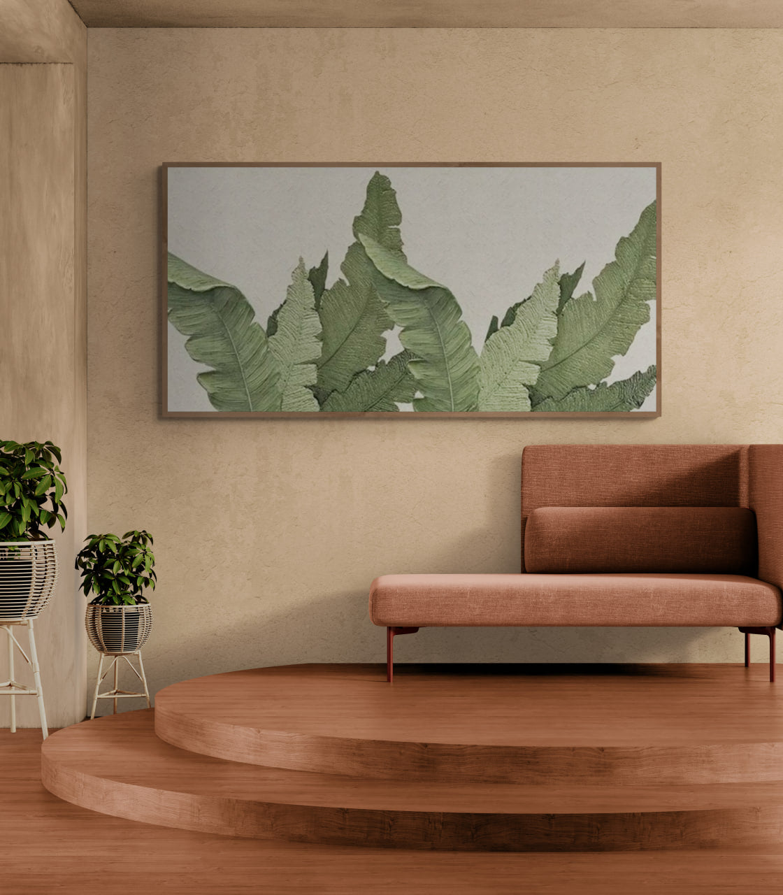 Minimalist green leaves ,Original abstract relief ,With wooden frame and acrylic paint ,Boho textured wall