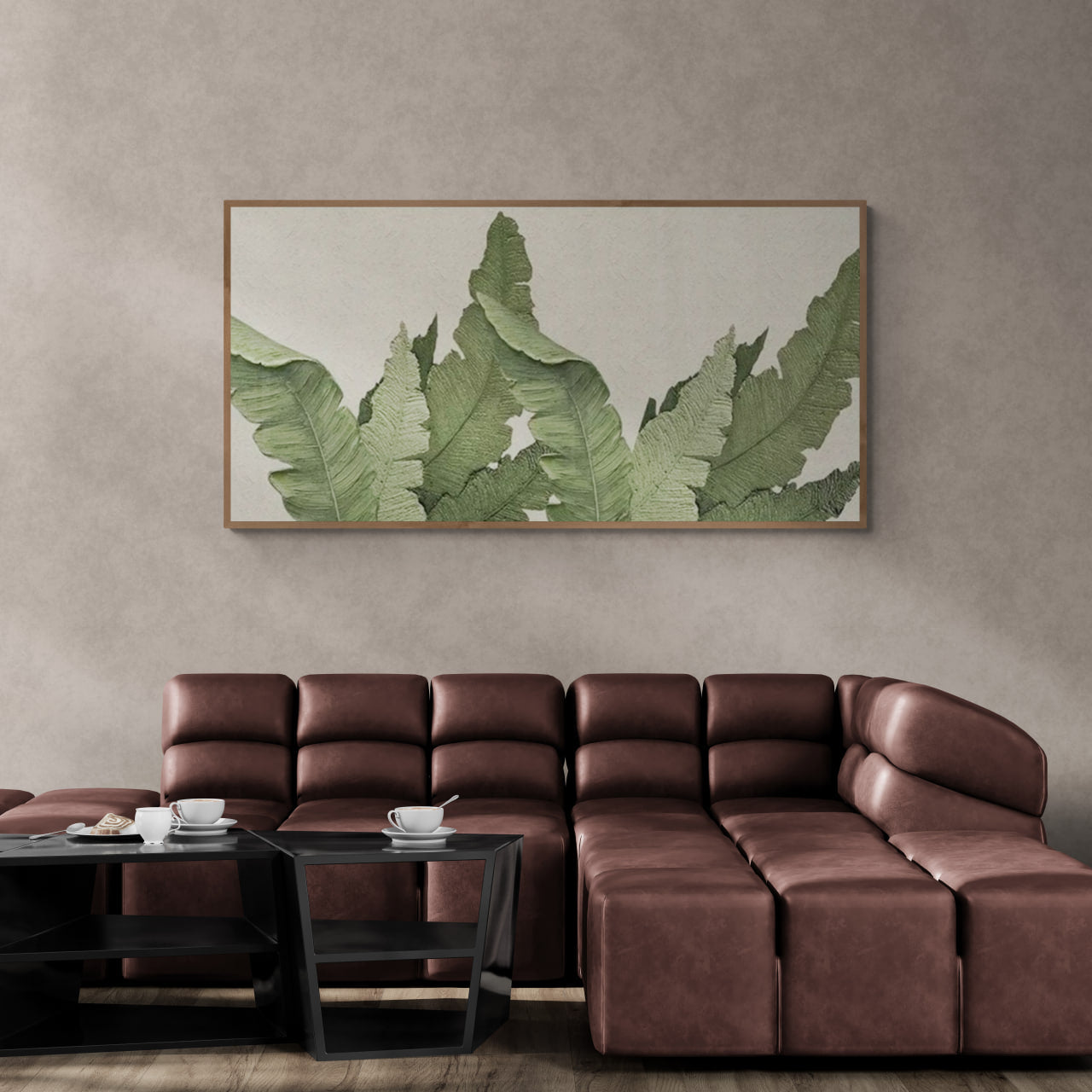 Minimalist green leaves ,Original abstract relief ,With wooden frame and acrylic paint ,Boho textured wall