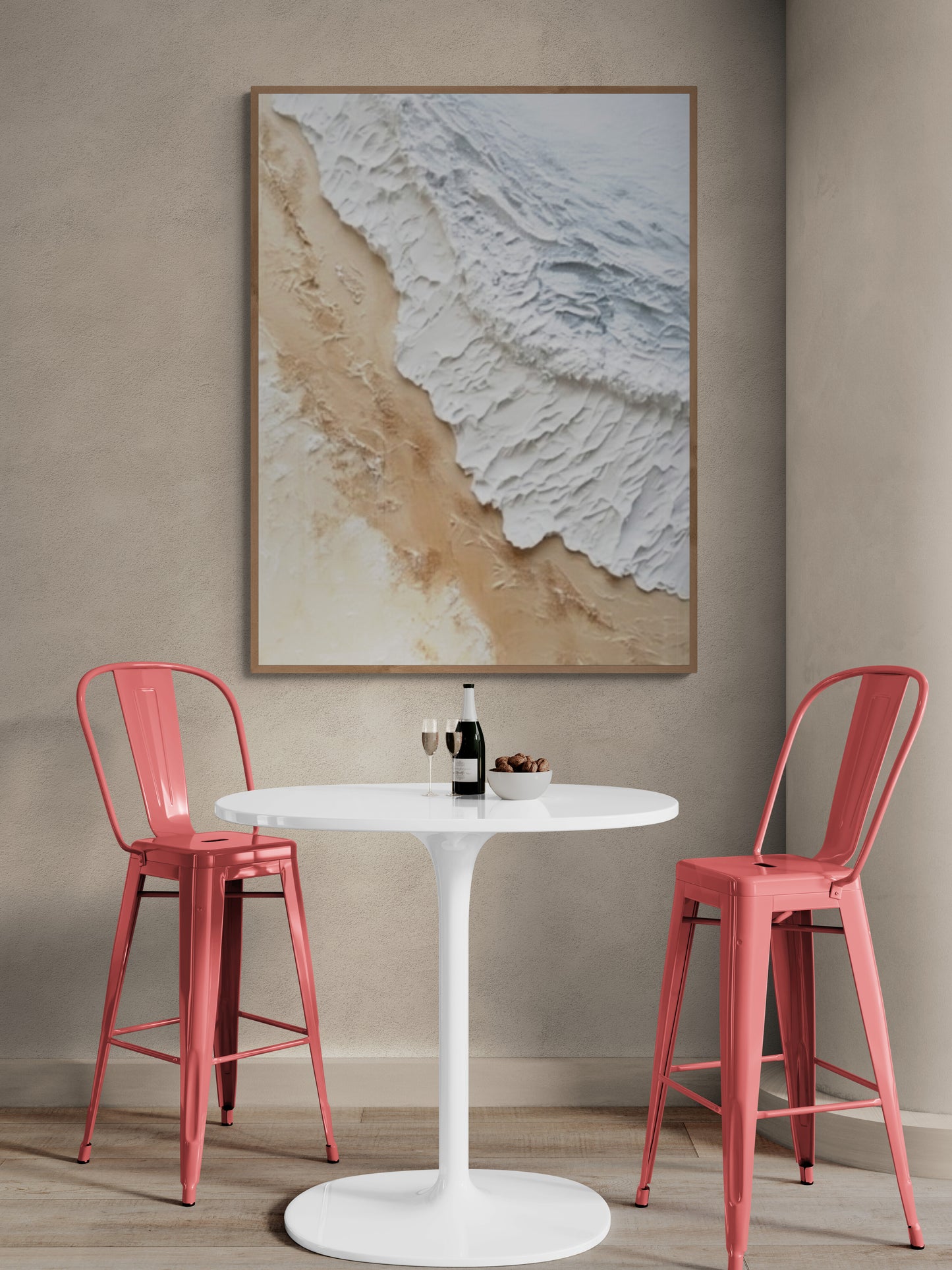 3D texture ,With wooden frame and acrylic paint ,White ocean wave ,Brown coastal  wall decor ,Plaster art texture ,Sea beach relief