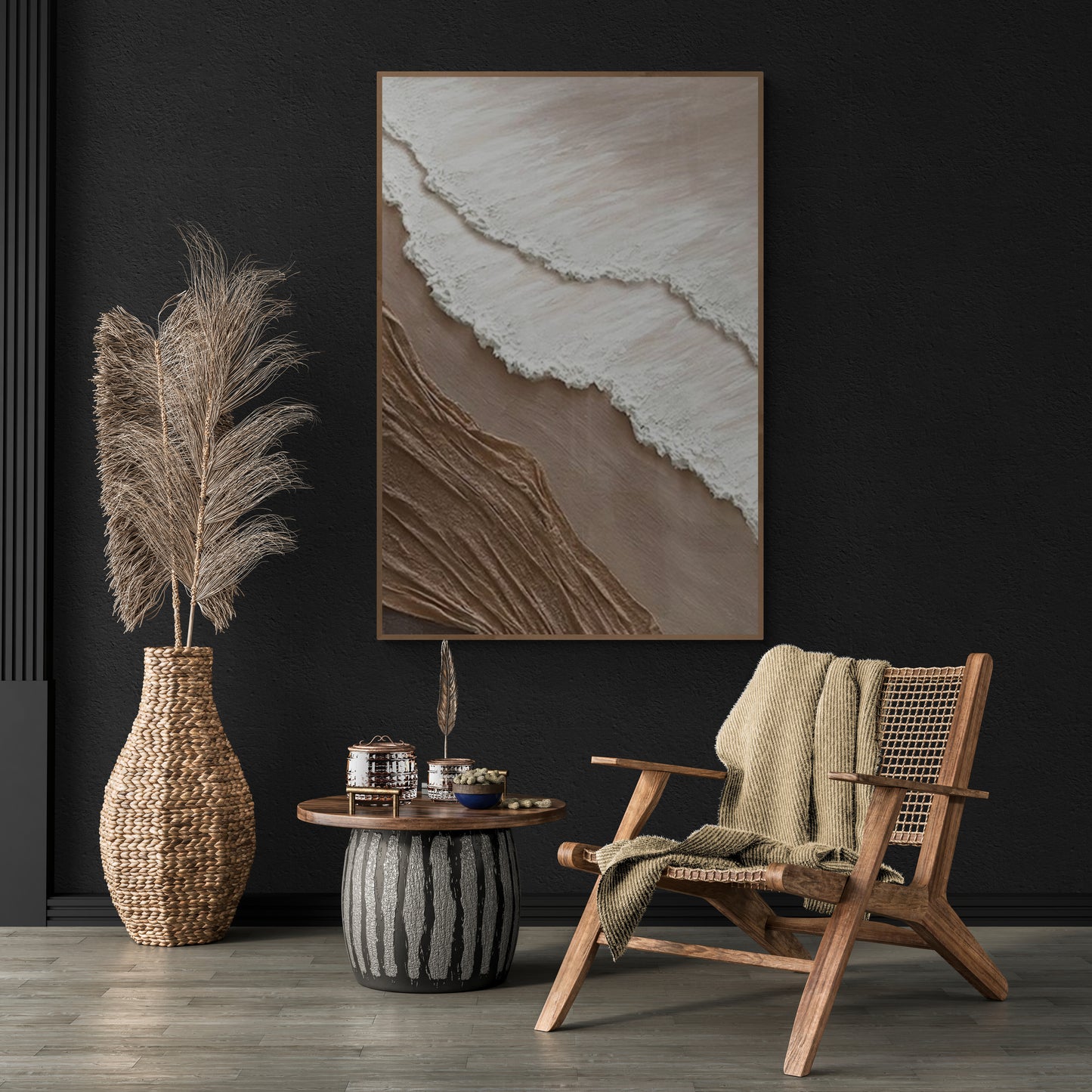 With wooden frame and acrylic paint ,Boho textured wall ,Brown ocean wave , Brown coastal  wall decor ,Sea wall art
