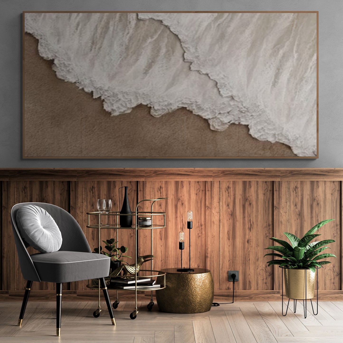 Heavy relief art ,White ocean wave ,Brown coastal  wall decor ,Abstract handmade wall art ,With wooden frame and acrylic paint