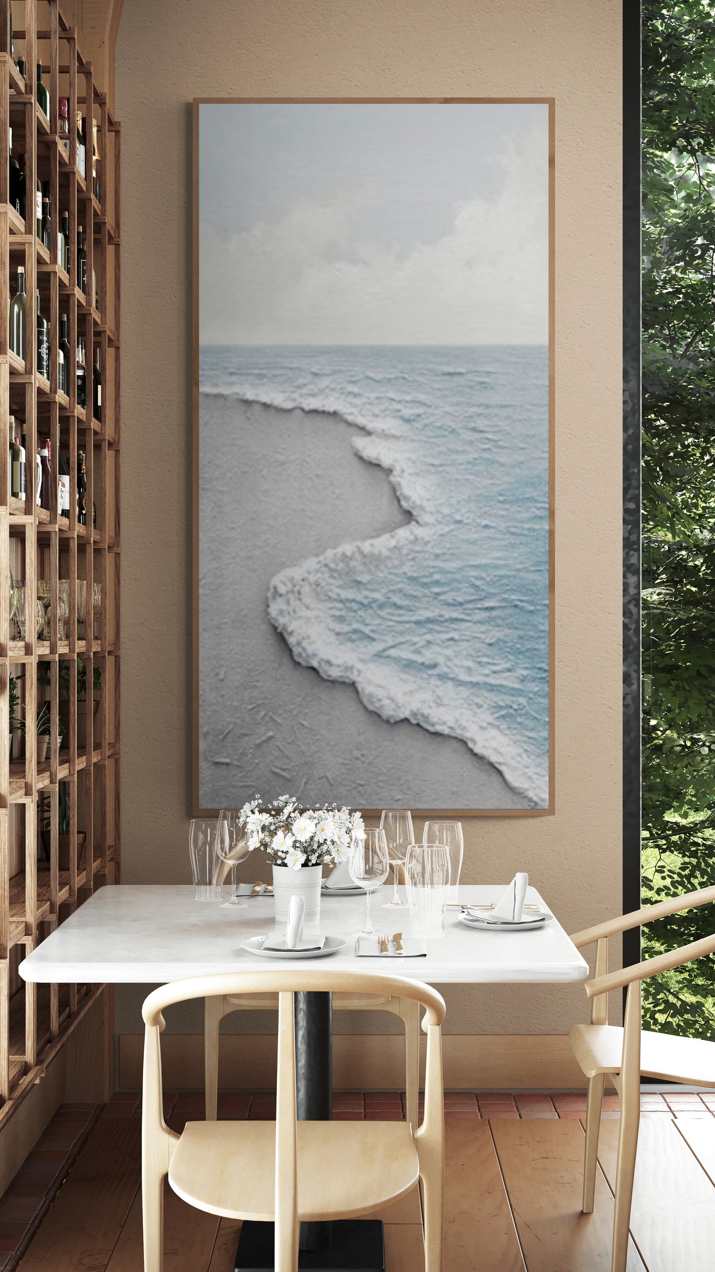 Original abstract relief ,Minimal art texture, With wooden frame and acrylic paint, Ocean wave landscape ,Blue ocean wave ,Brown coastal