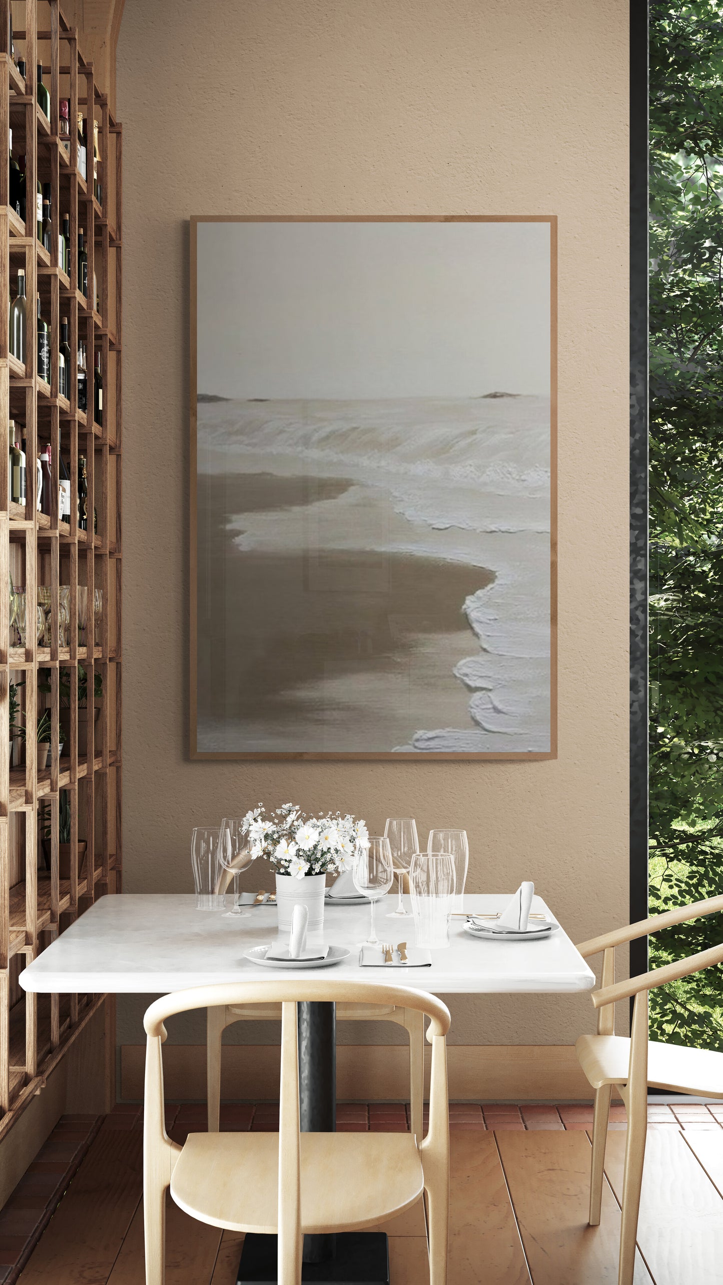 Original abstract relief ,Minimal art texture, With wooden frame and acrylic paint, Ocean wave landscape ,White ocean wave ,Brown coastal
