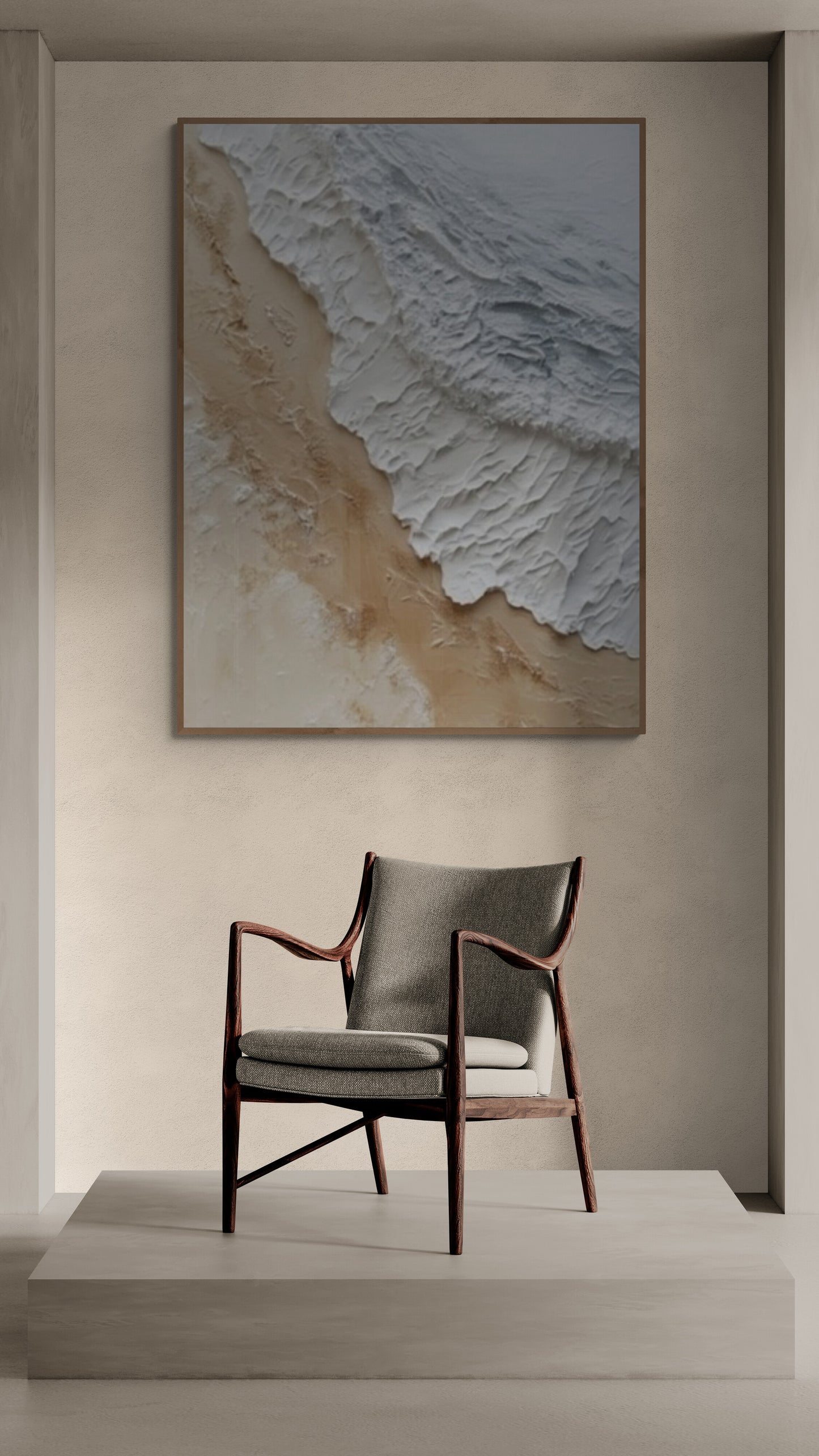 3D texture ,With wooden frame and acrylic paint ,White ocean wave ,Brown coastal  wall decor ,Plaster art texture ,Sea beach relief