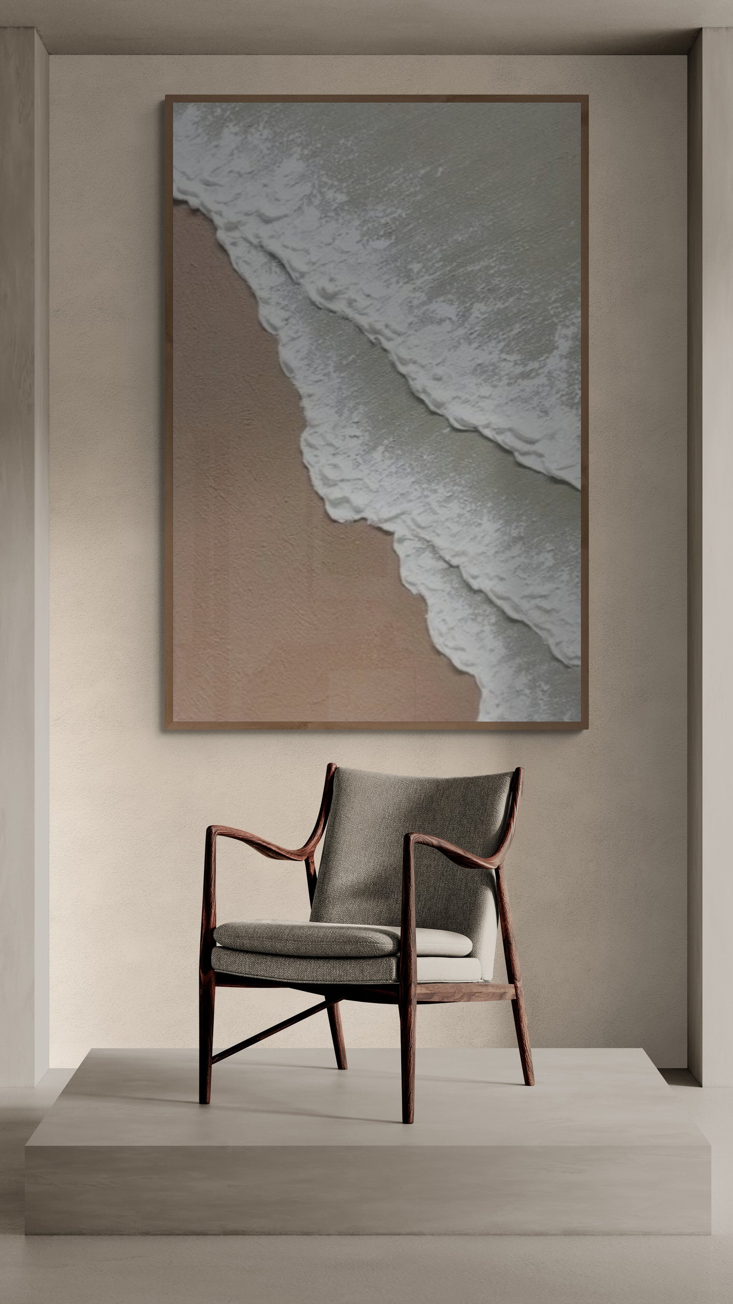 3D texture ,With wooden frame and acrylic paint ,White ocean wave ,Brown coastal  wall decor ,Plaster art texture ,Sea beach relief