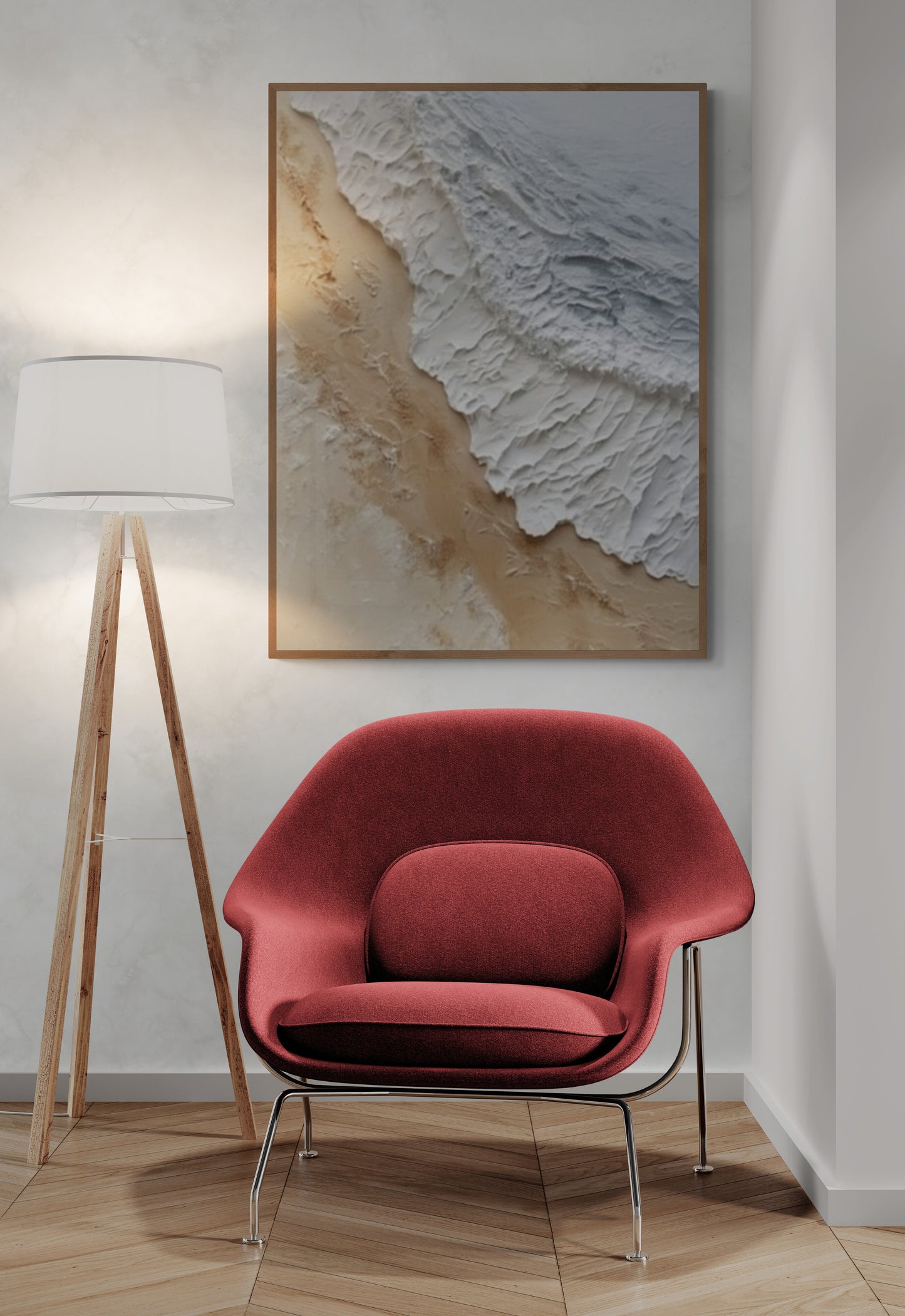 3D texture ,With wooden frame and acrylic paint ,White ocean wave ,Brown coastal  wall decor ,Plaster art texture ,Sea beach relief