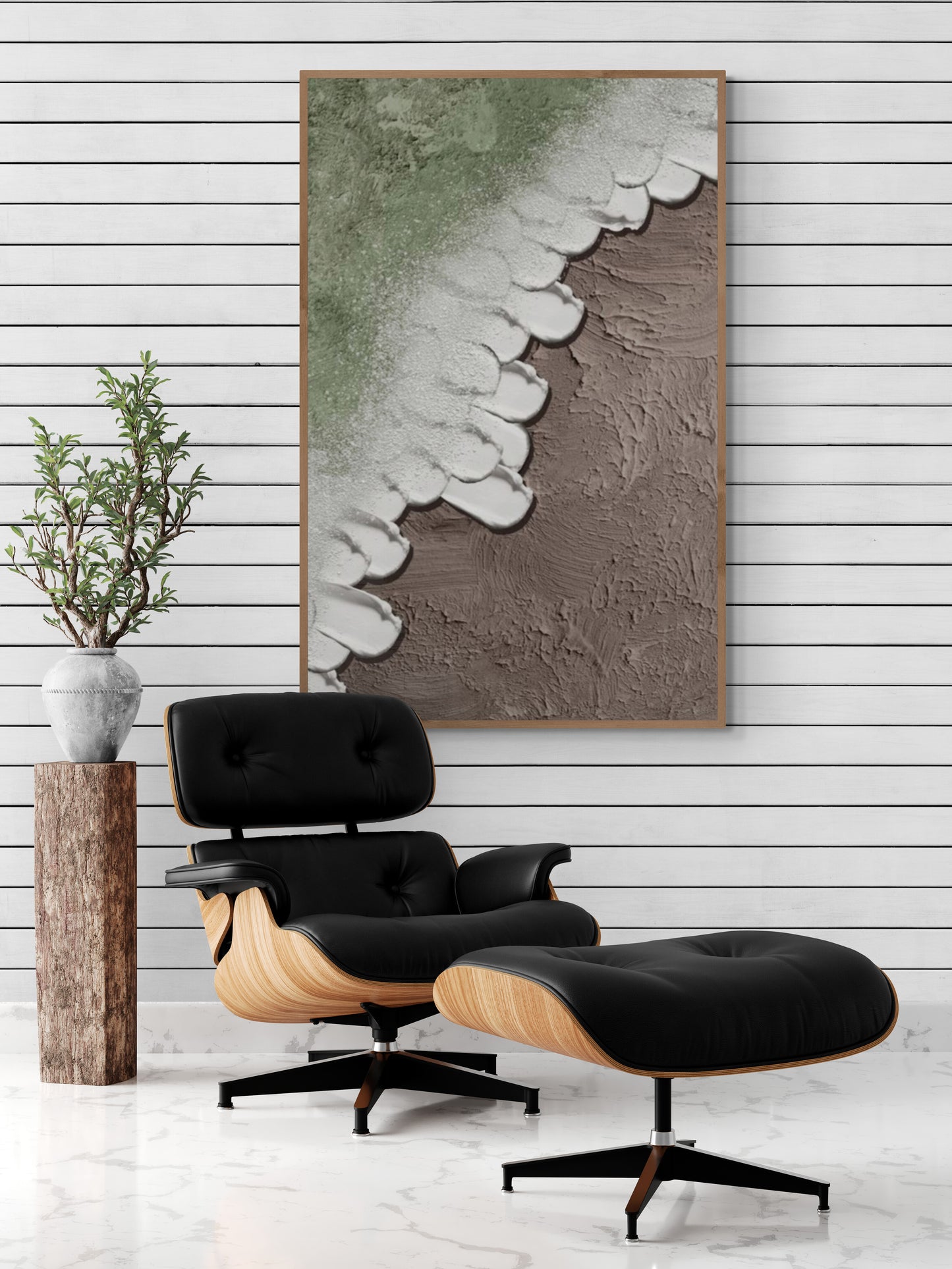 Heavy relief art green ocean wave brown coastal  wall decor ,Abstract handmade wall art , With wooden frame and acrylic paint
