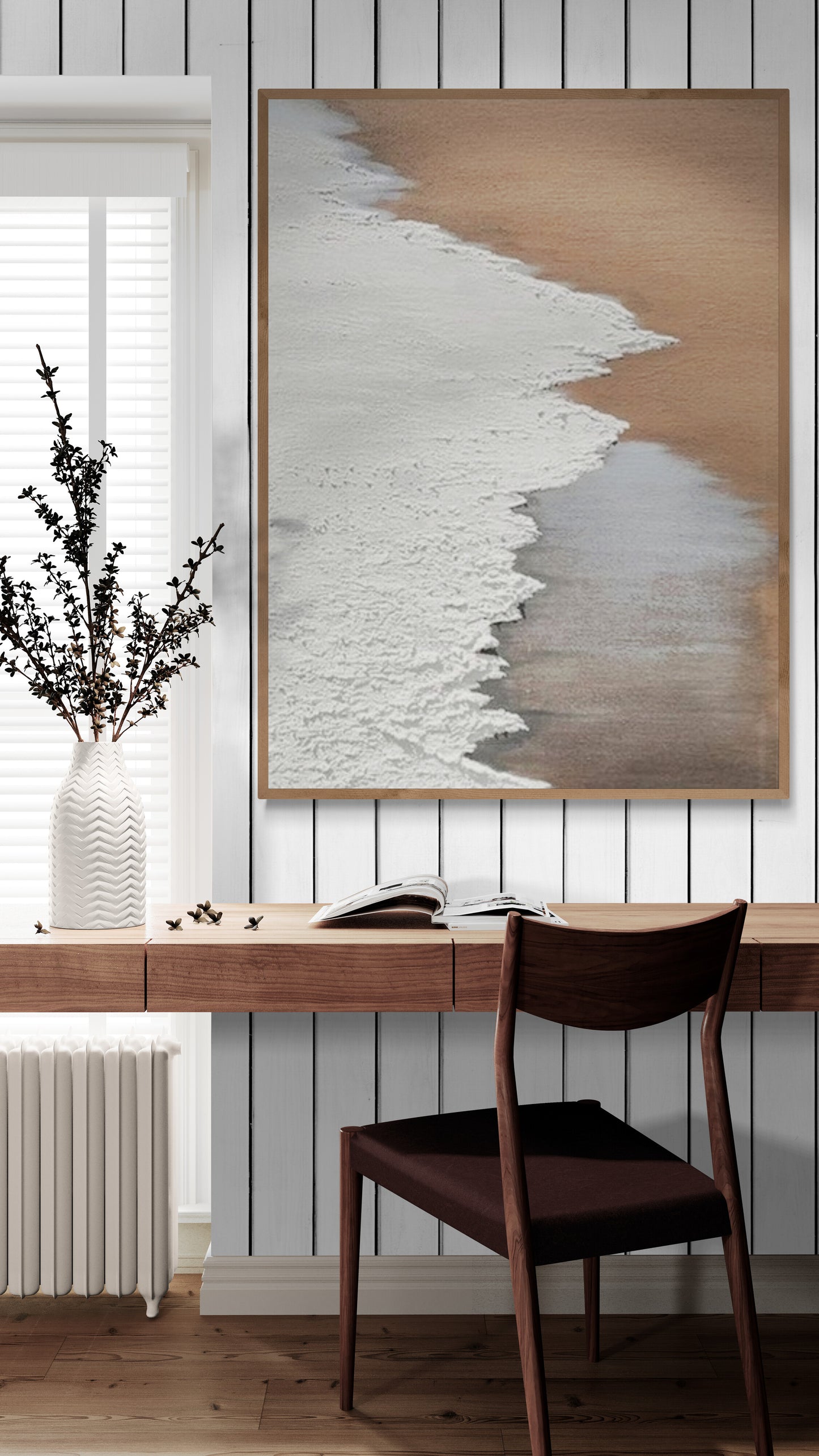 Heavy relief art ,White ocean wave ,Brown coastal  wall decor ,Abstract handmade wall art ,With wooden frame and acrylic paint