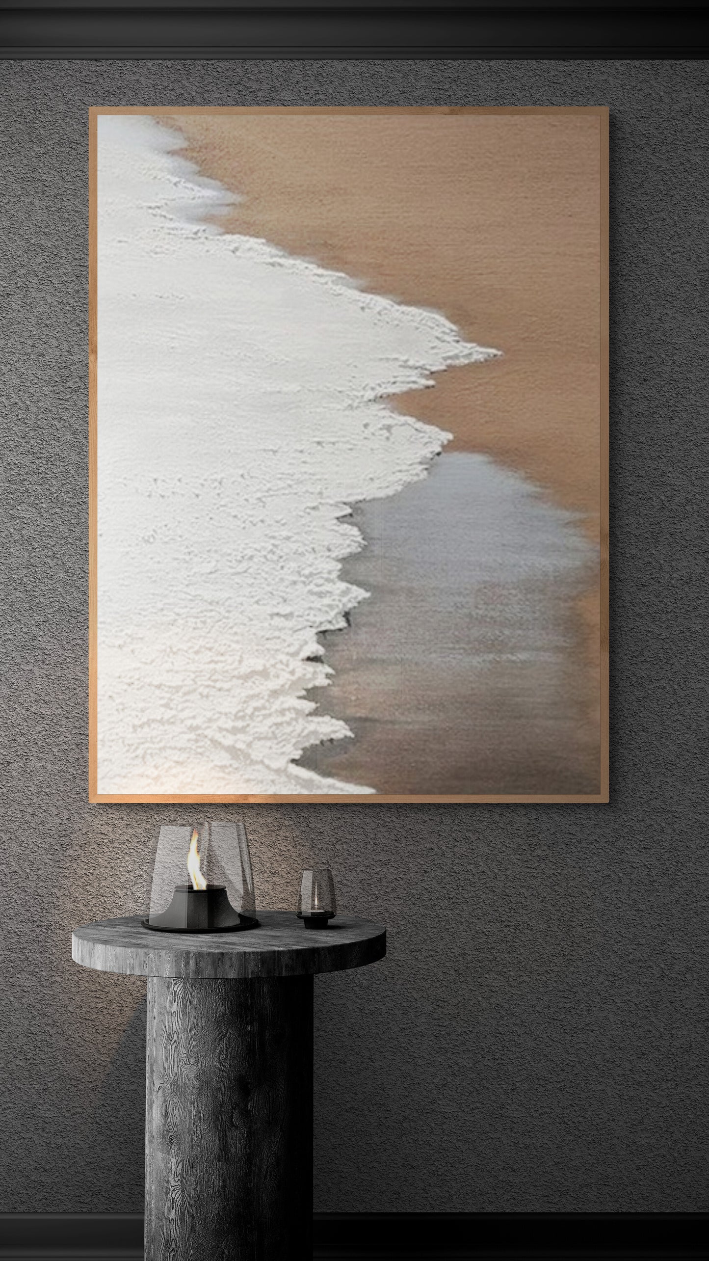 Heavy relief art ,White ocean wave ,Brown coastal  wall decor ,Abstract handmade wall art ,With wooden frame and acrylic paint