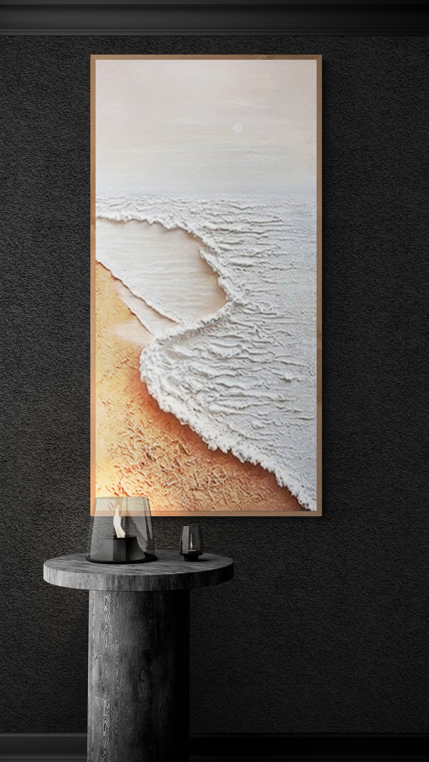 Original abstract relief ,Minimal art texture, With wooden frame and acrylic paint, Ocean wave landscape ,White ocean wave ,Brown coastal