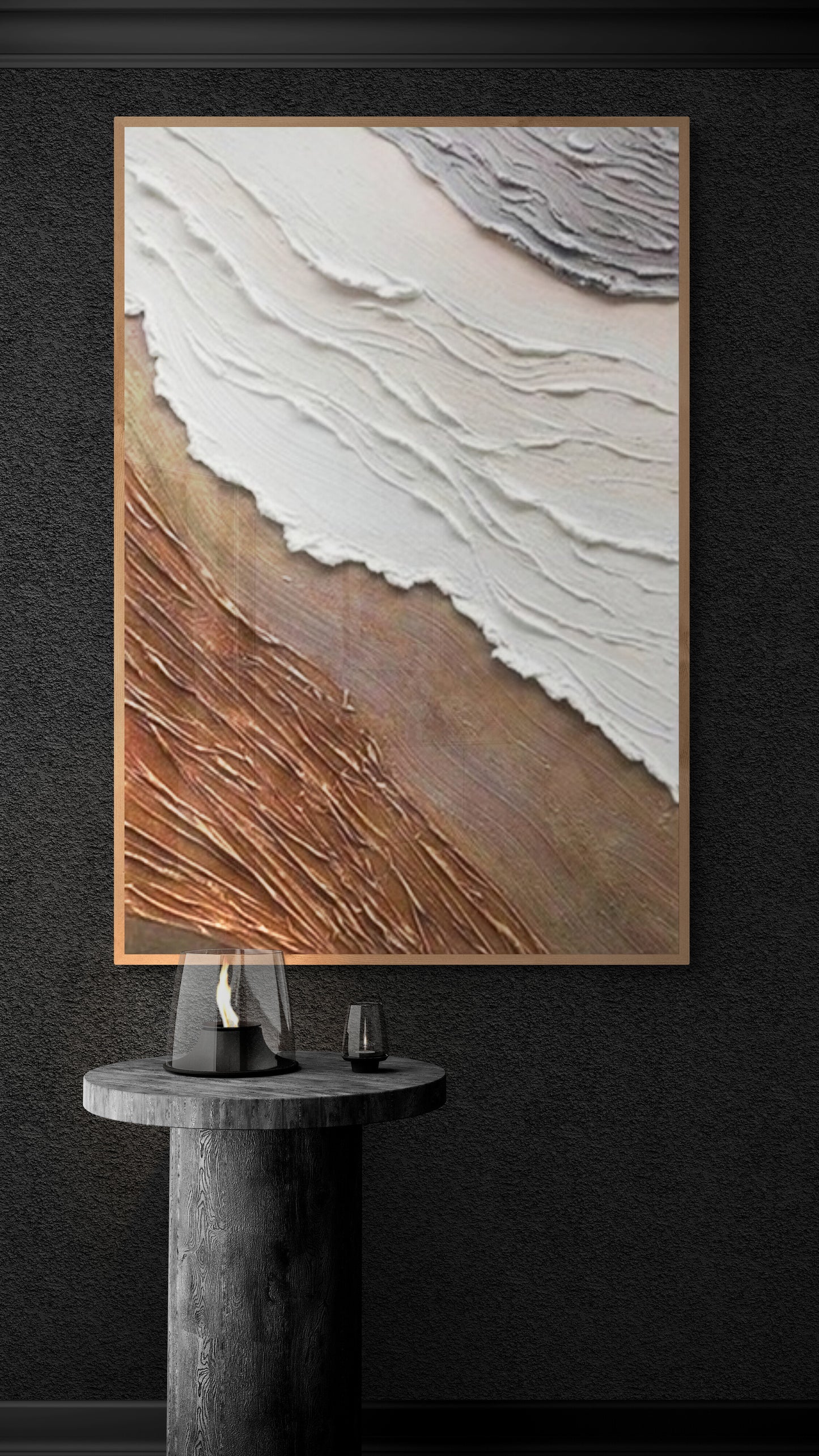With wooden frame and acrylic paint ,Boho textured wall ,Brown ocean wave ,Brown coastal  wall decor ,Sea wall art