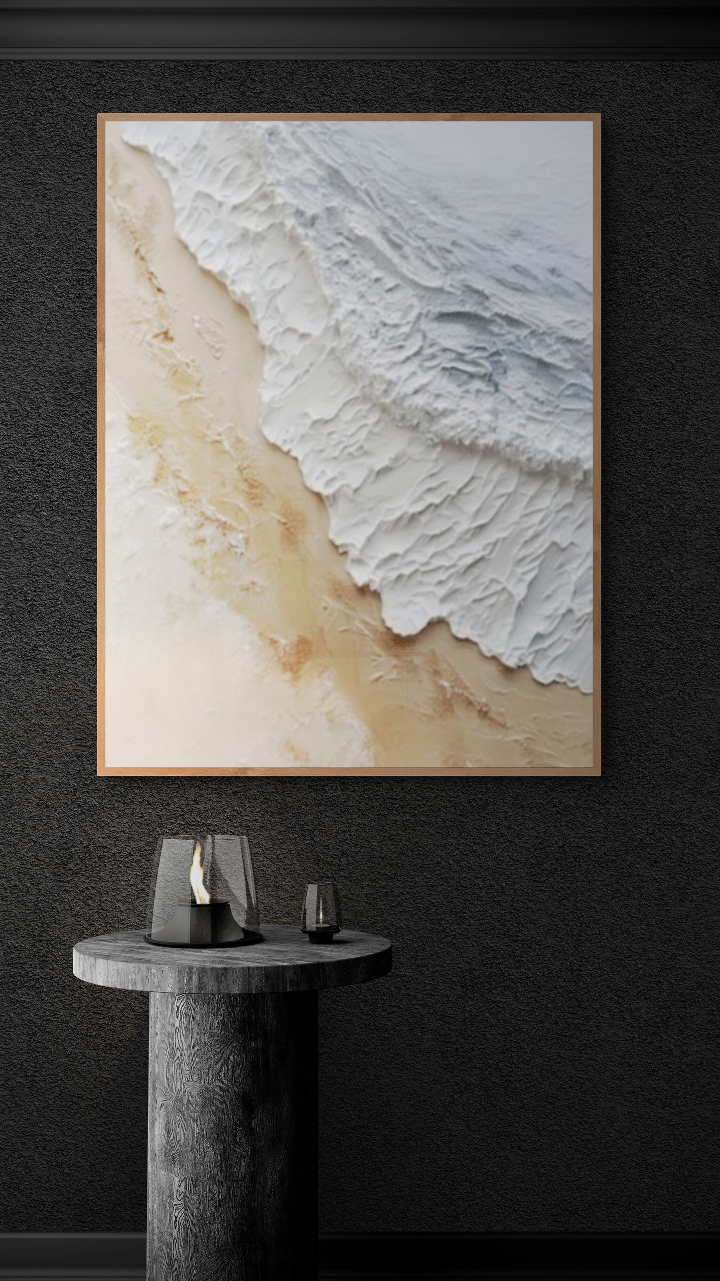 3D texture ,With wooden frame and acrylic paint ,White ocean wave ,Brown coastal  wall decor ,Plaster art texture ,Sea beach relief