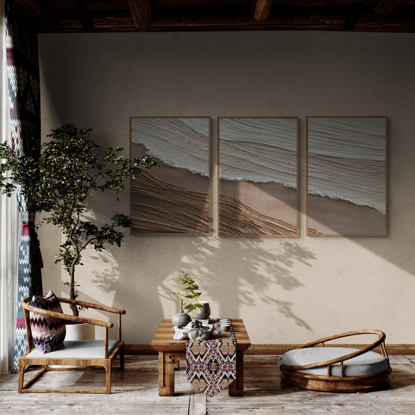 3 pieces ,With wooden frame and acrylic paint ,Boho textured wall ,Brown ocean wave ,Brown coastal  wall decor ,Sea wall art