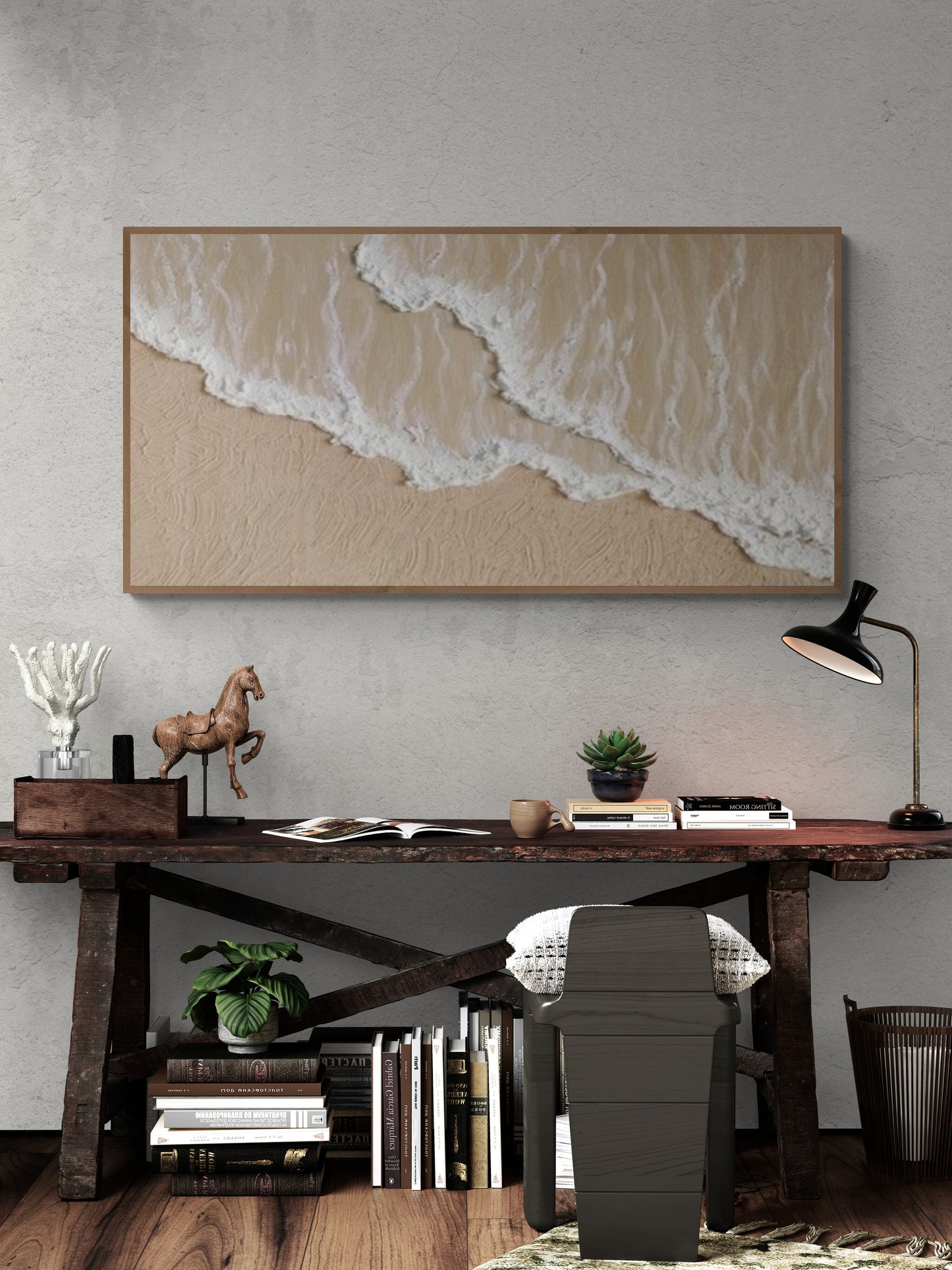 3D texture ,With wooden frame and acrylic paint ,White ocean wave ,Brown coastal  wall decor ,Plaster art texture ,Sea beach relief