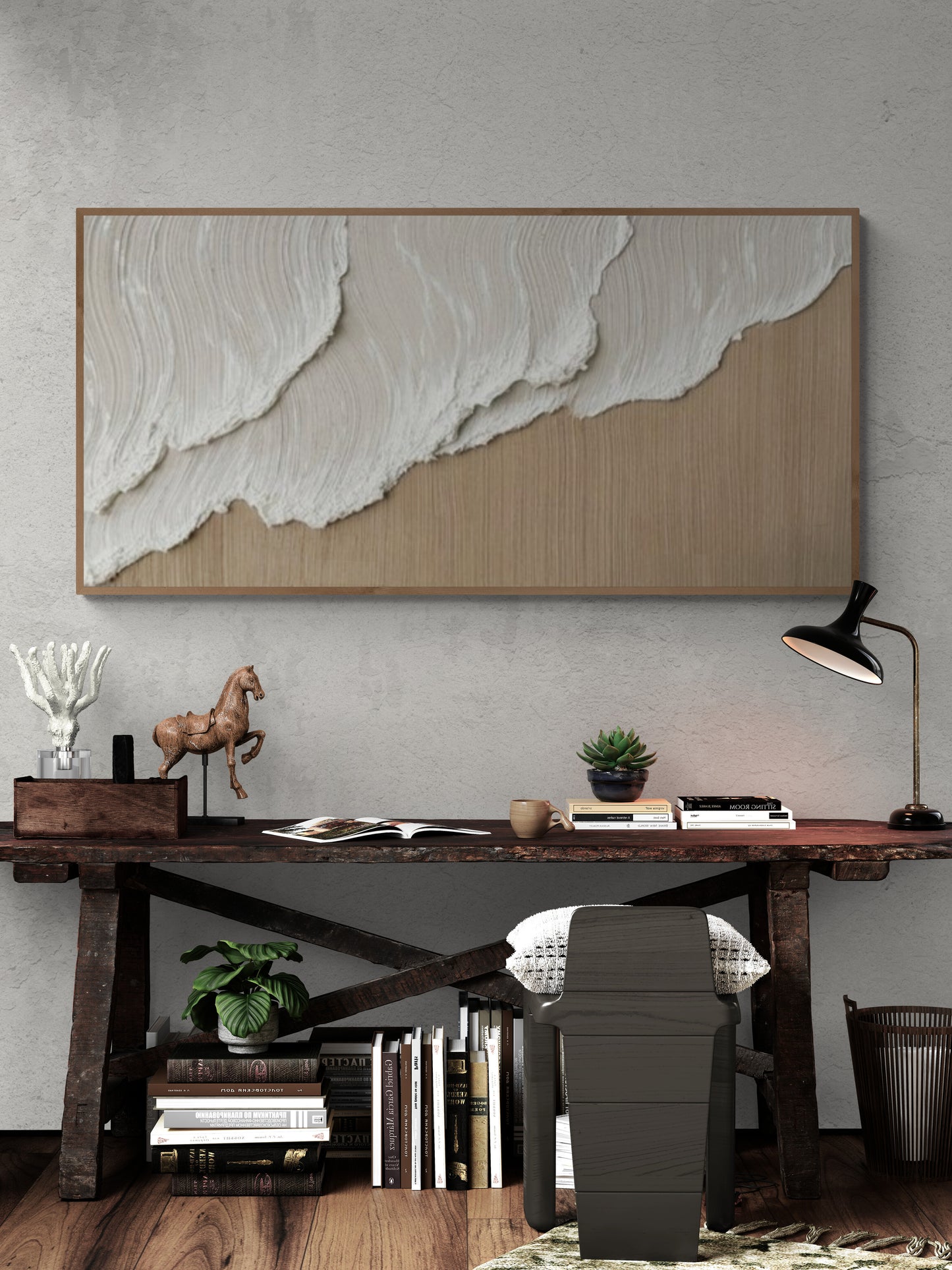 Heavy relief art ,White ocean wave ,Brown coastal  wall decor ,Abstract handmade wall art ,With wooden frame and acrylic paint