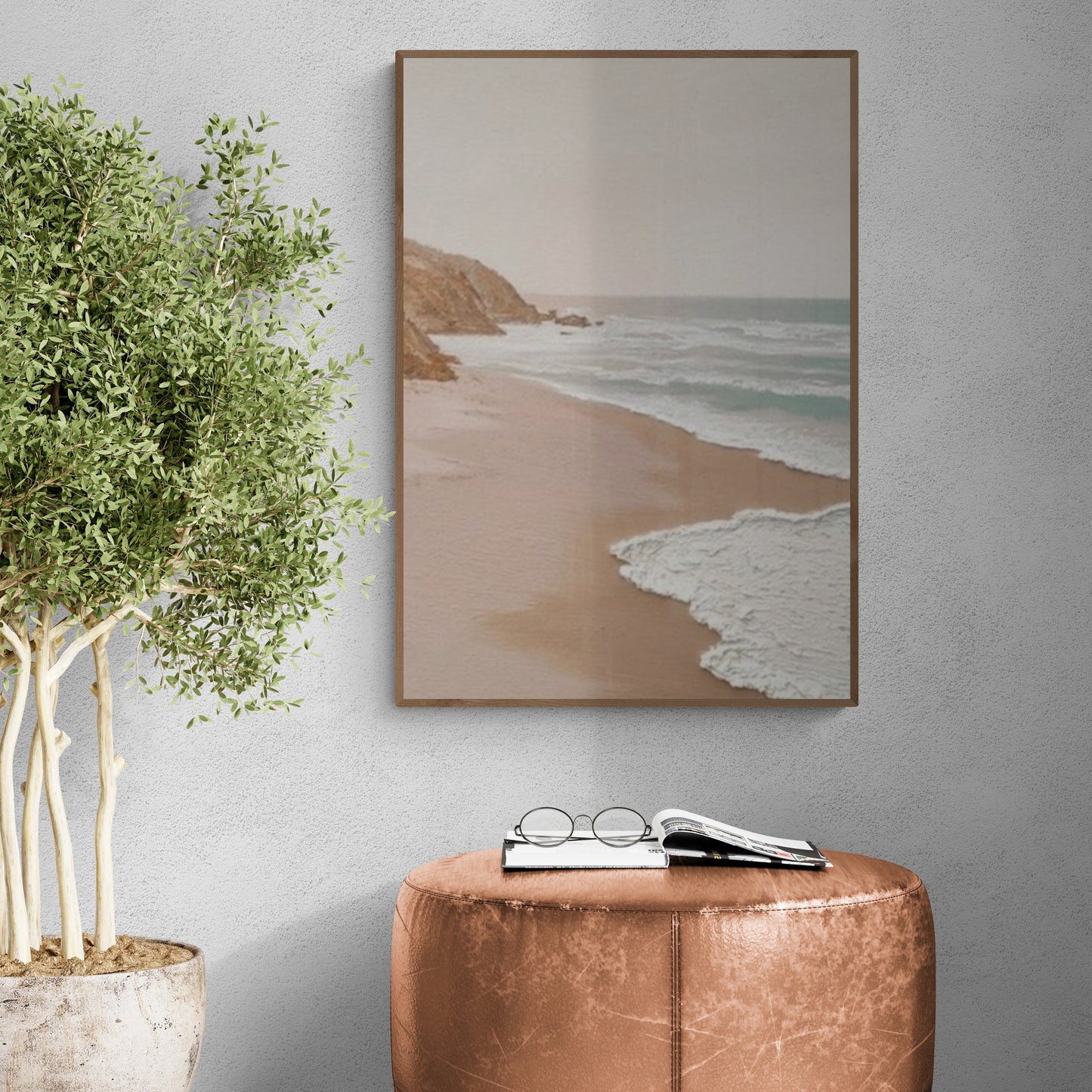 Original abstract relief ,Minimal art texture, With wooden frame and acrylic paint, Ocean wave landscape ,White ocean wave ,Brown coastal