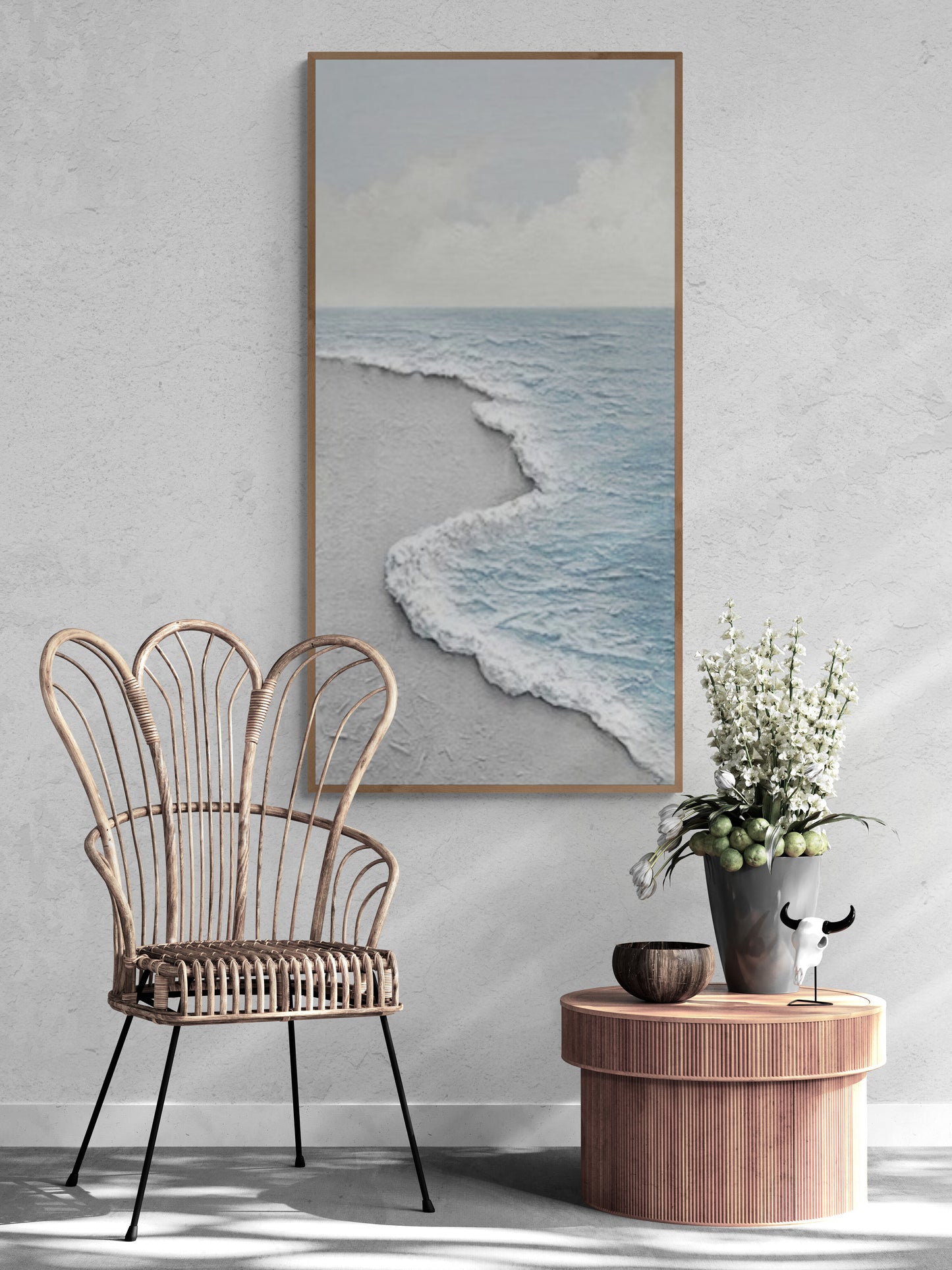 Original abstract relief ,Minimal art texture, With wooden frame and acrylic paint, Ocean wave landscape ,Blue ocean wave ,Brown coastal