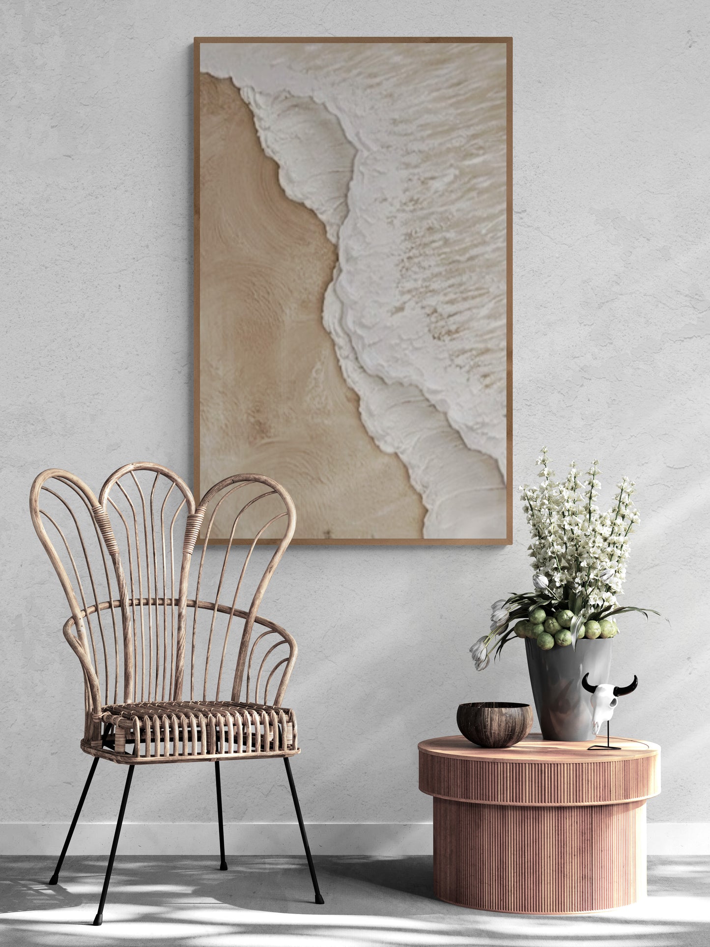 With wooden frame and acrylic paint ,Boho textured wall ,Brown ocean wave ,Brown coastal  wall decor ,Sea wall art