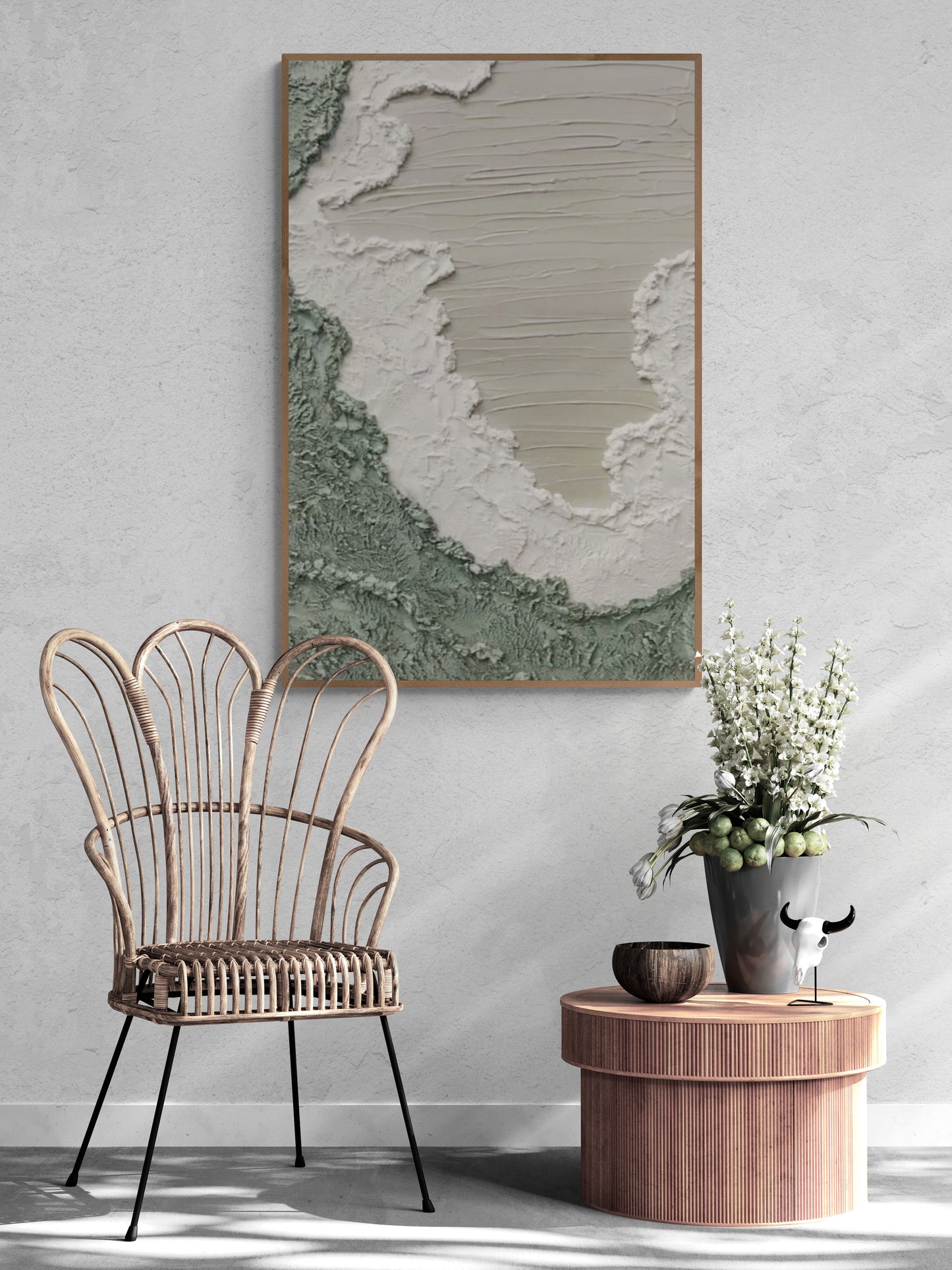 Heavy relief art ,Green ocean wave ,Gray coastal  wall decor ,Abstract handmade wall art ,With wooden frame and acrylic paint