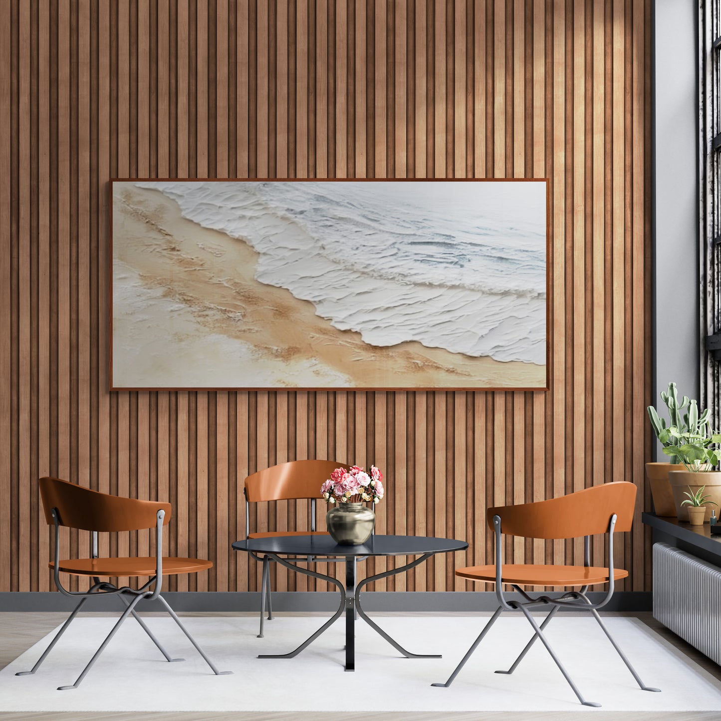Original abstract relief ,Minimal art texture, With wooden frame and acrylic paint, Ocean wave landscape ,White ocean wave ,Brown coastal
