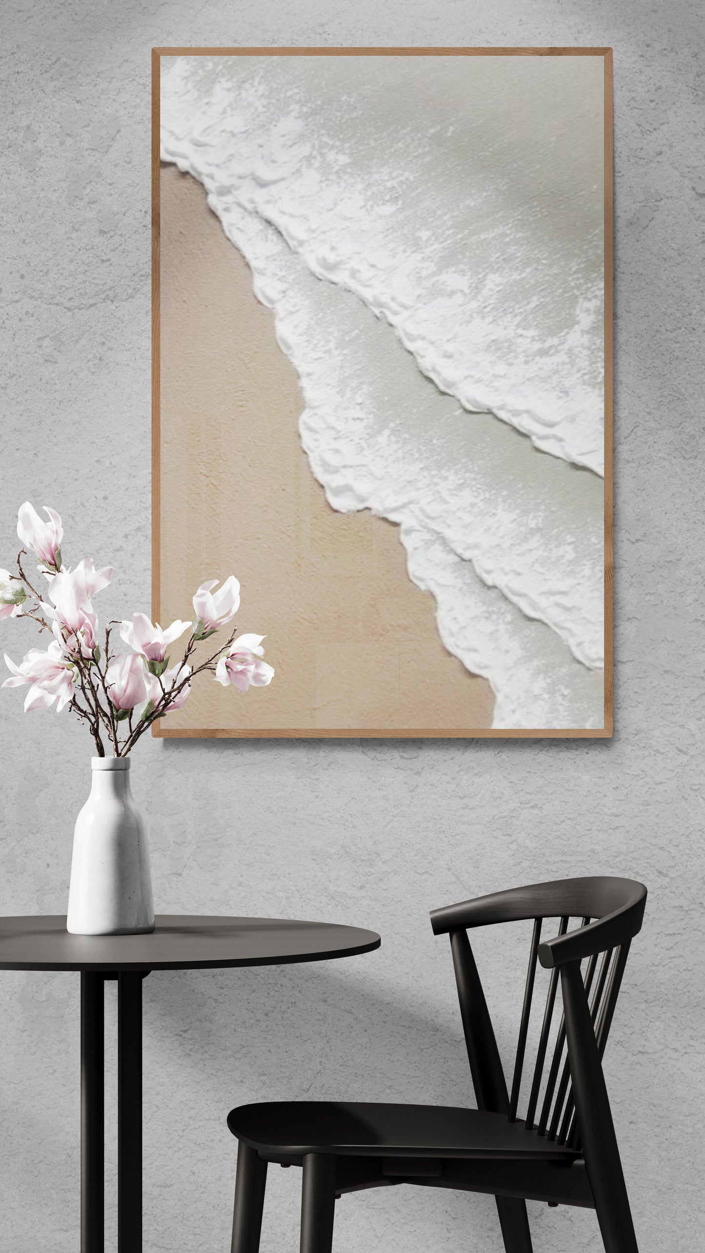 3D texture ,With wooden frame and acrylic paint ,White ocean wave ,Brown coastal  wall decor ,Plaster art texture ,Sea beach relief
