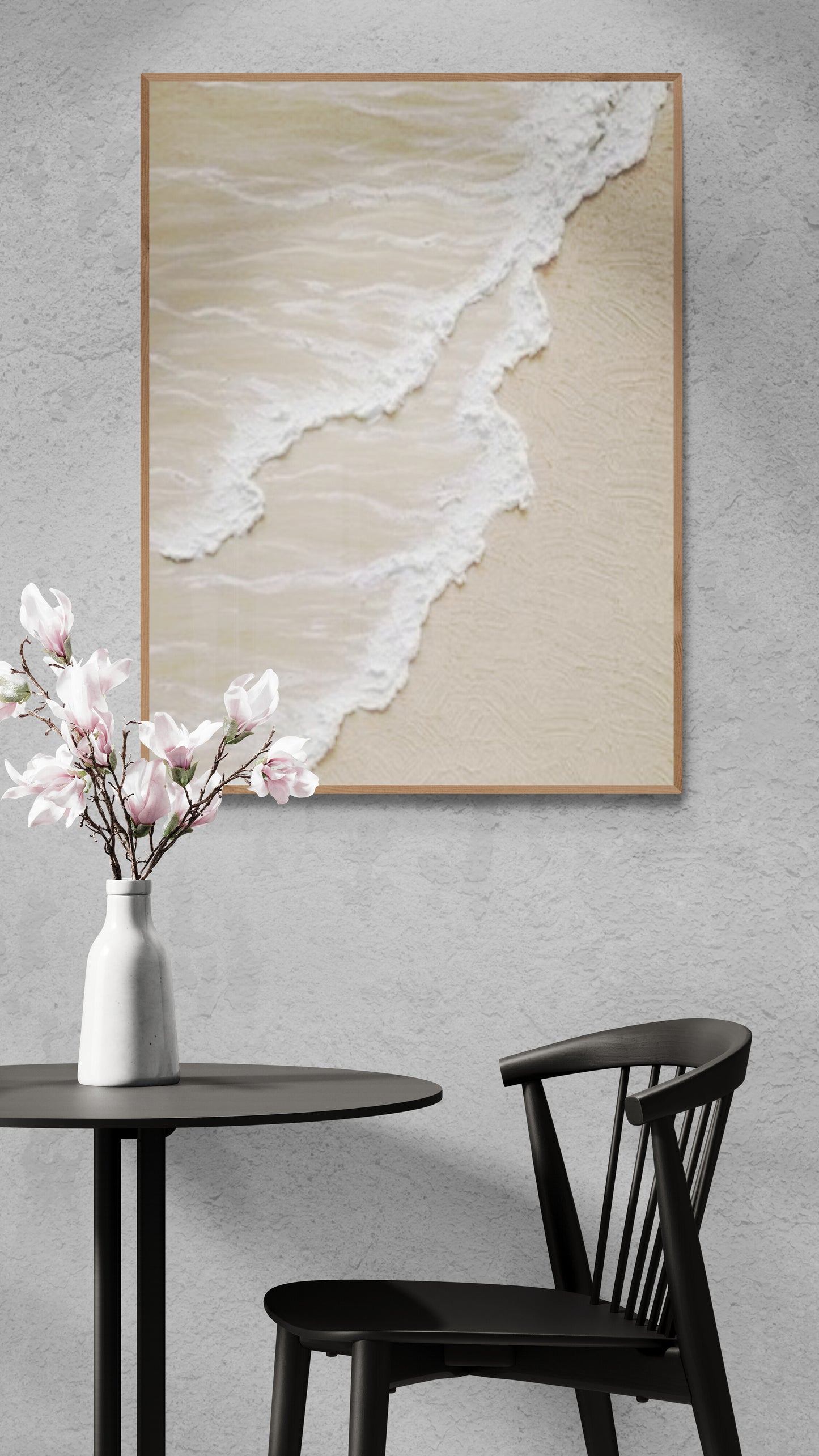 3D texture ,With wooden frame and acrylic paint ,White ocean wave ,Brown coastal  wall decor ,Plaster art texture ,Sea beach relief