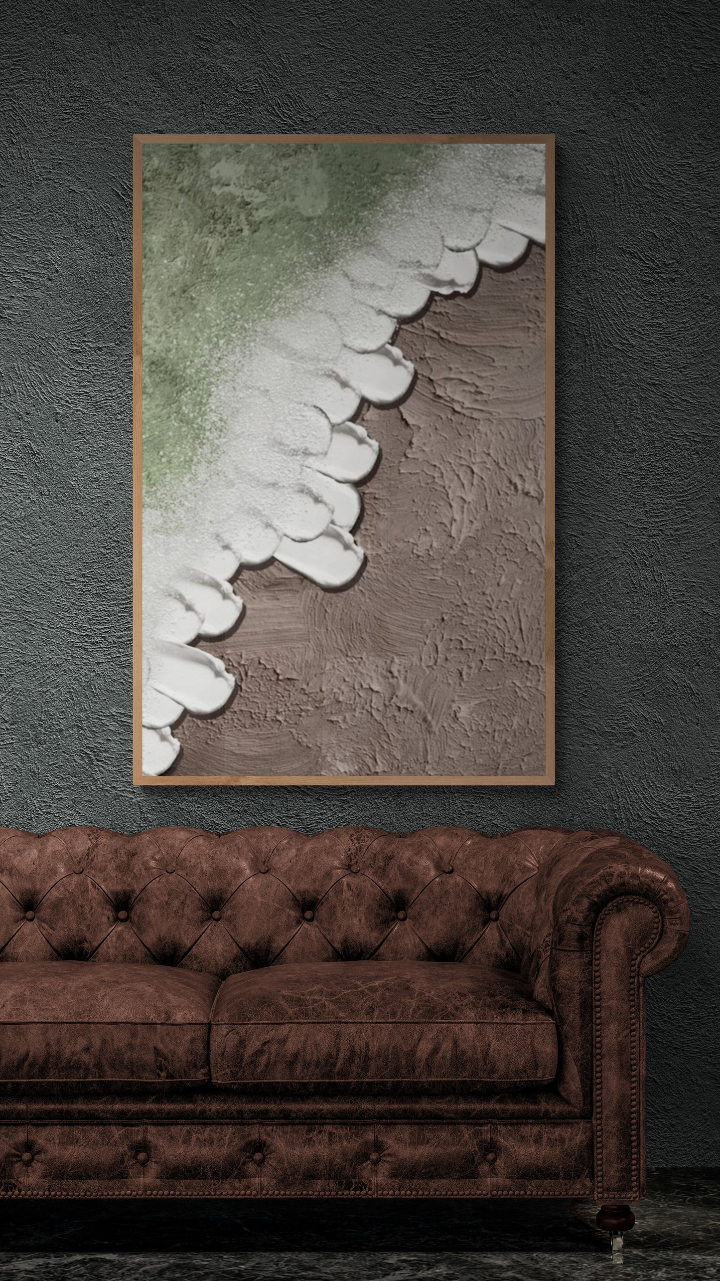 Heavy relief art green ocean wave brown coastal  wall decor ,Abstract handmade wall art , With wooden frame and acrylic paint