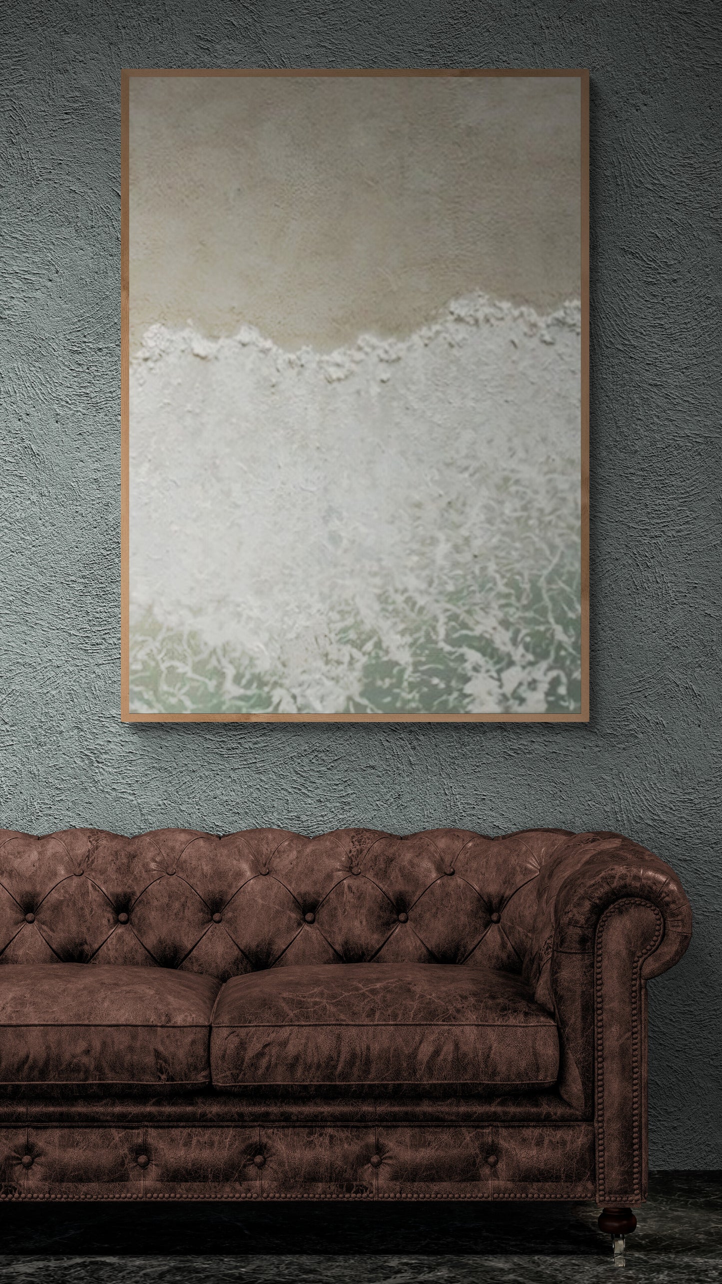 Heavy relief art ,Green and White ocean wave ,Brown coastal  wall decor , Abstract handmade wall art ,With wooden frame and acrylic paint