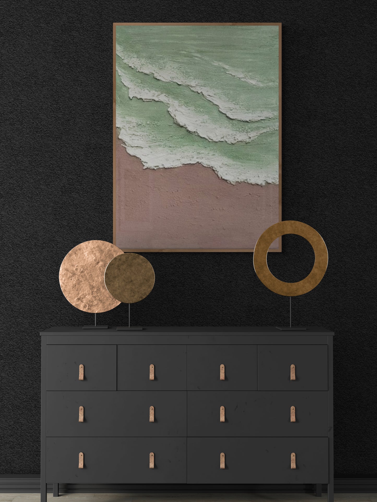 Heavy relief art ,Green ocean wave ,Brown ,coastal wall decor ,Abstract handmade wall art ,With wooden frame and acrylic paint