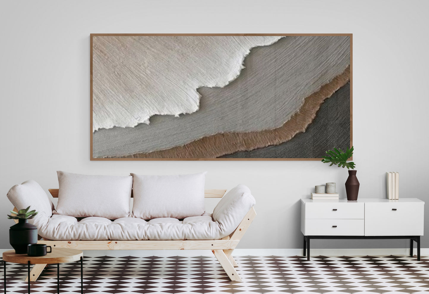 With wooden frame and acrylic paint ,Boho textured wall ,Brown ocean wave ,Brown coastal wall decor ,Sea wall art