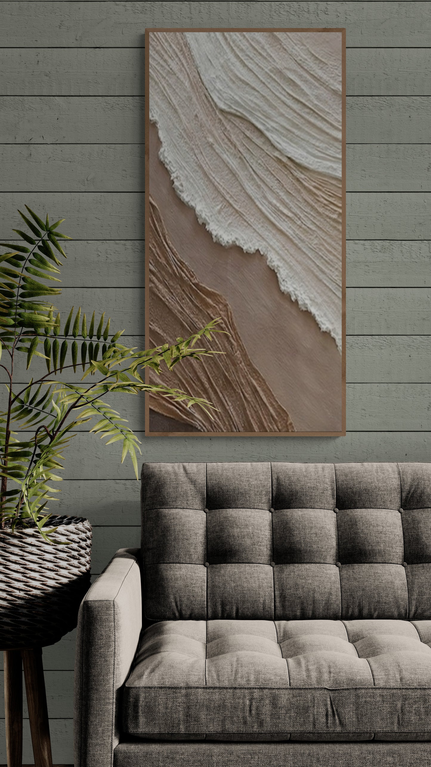 3D texture ,With wooden frame and acrylic paint ,White ocean wave ,Brown coastal  wall decor ,Plaster art texture ,Sea beach relief