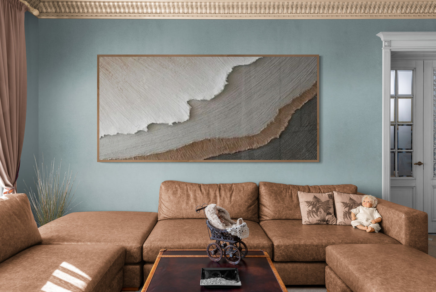 With wooden frame and acrylic paint ,Boho textured wall ,Brown ocean wave ,Brown coastal wall decor ,Sea wall art