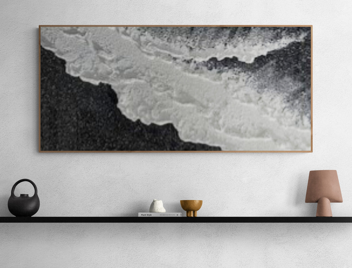 3D texture ,With wooden frame and acrylic paint ,White ocean wave ,Black coastal wall decor ,Plaster art texture ,Sea beach relief