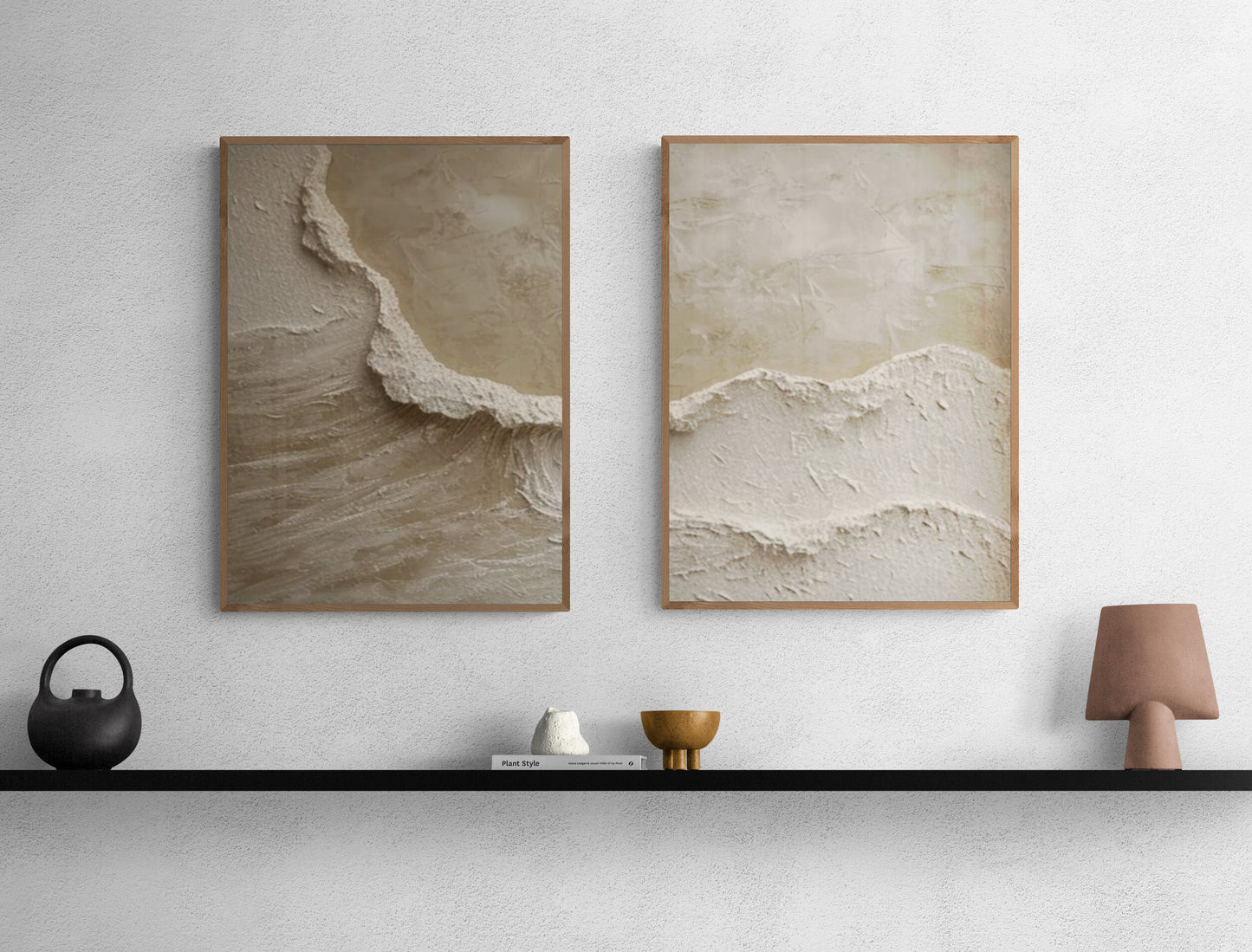 2 pieces ,With wooden frame and acrylic paint ,Boho textured wall ,Brown ocean wave ,Brown coastal  wall decor ,Sea wall art