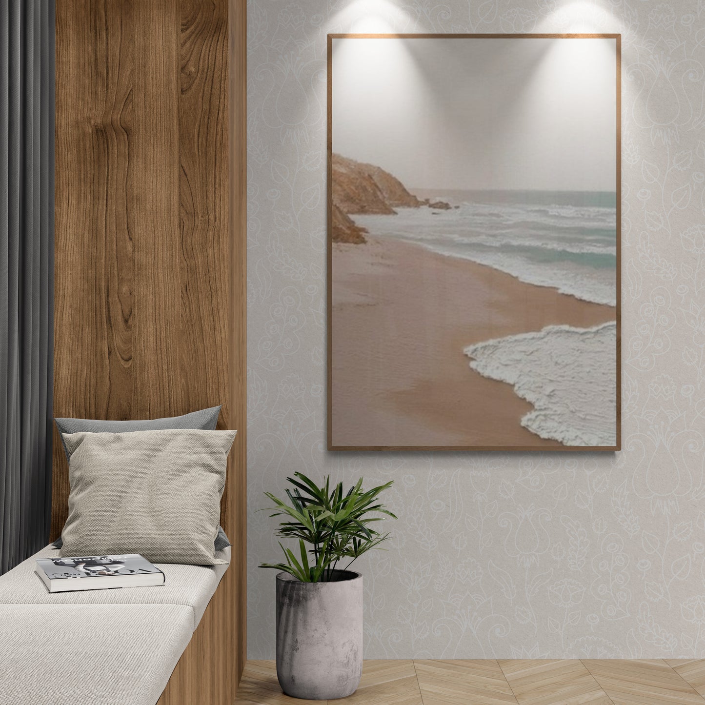 Original abstract relief ,Minimal art texture, With wooden frame and acrylic paint, Ocean wave landscape ,White ocean wave ,Brown coastal