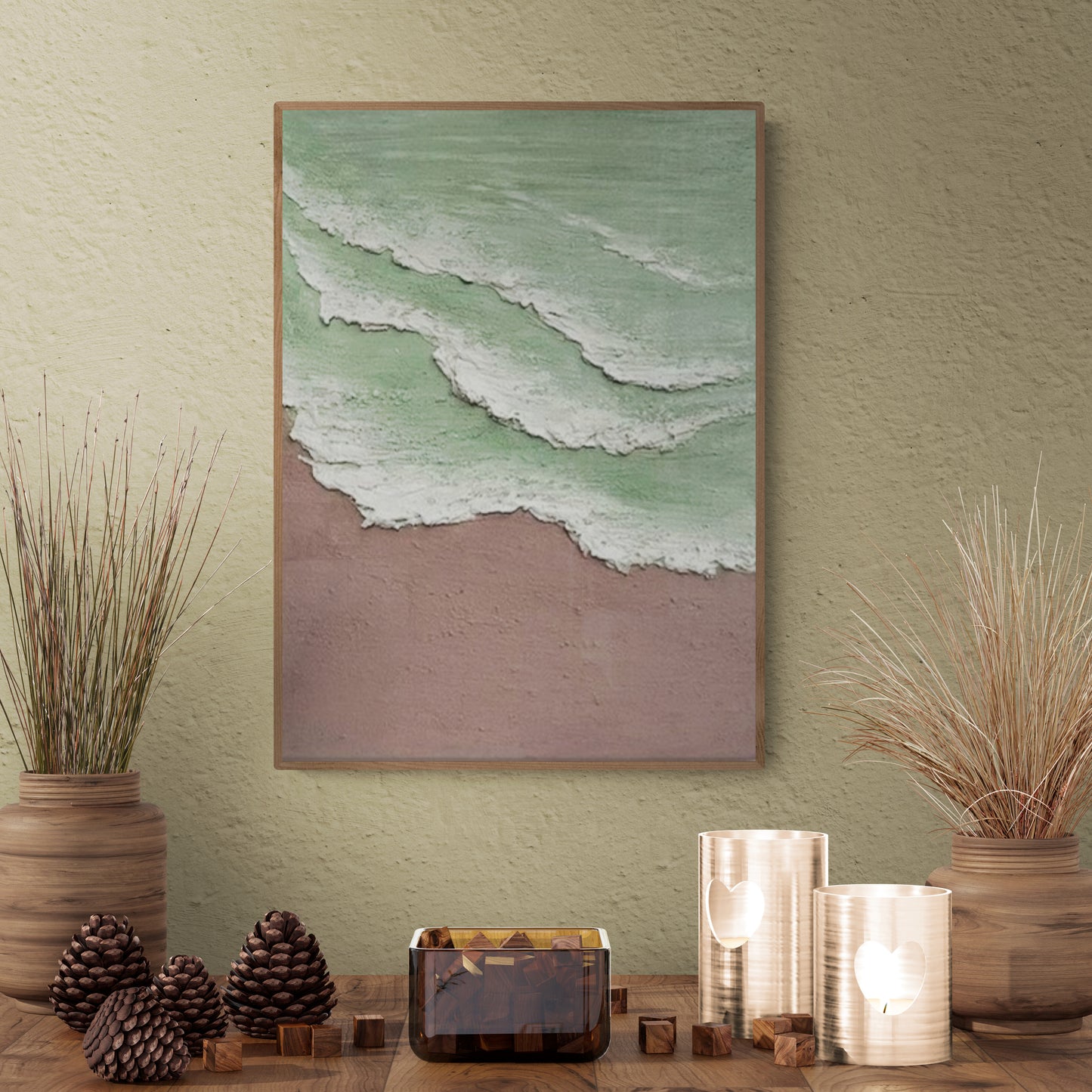 Heavy relief art ,Green ocean wave ,Brown ,coastal wall decor ,Abstract handmade wall art ,With wooden frame and acrylic paint