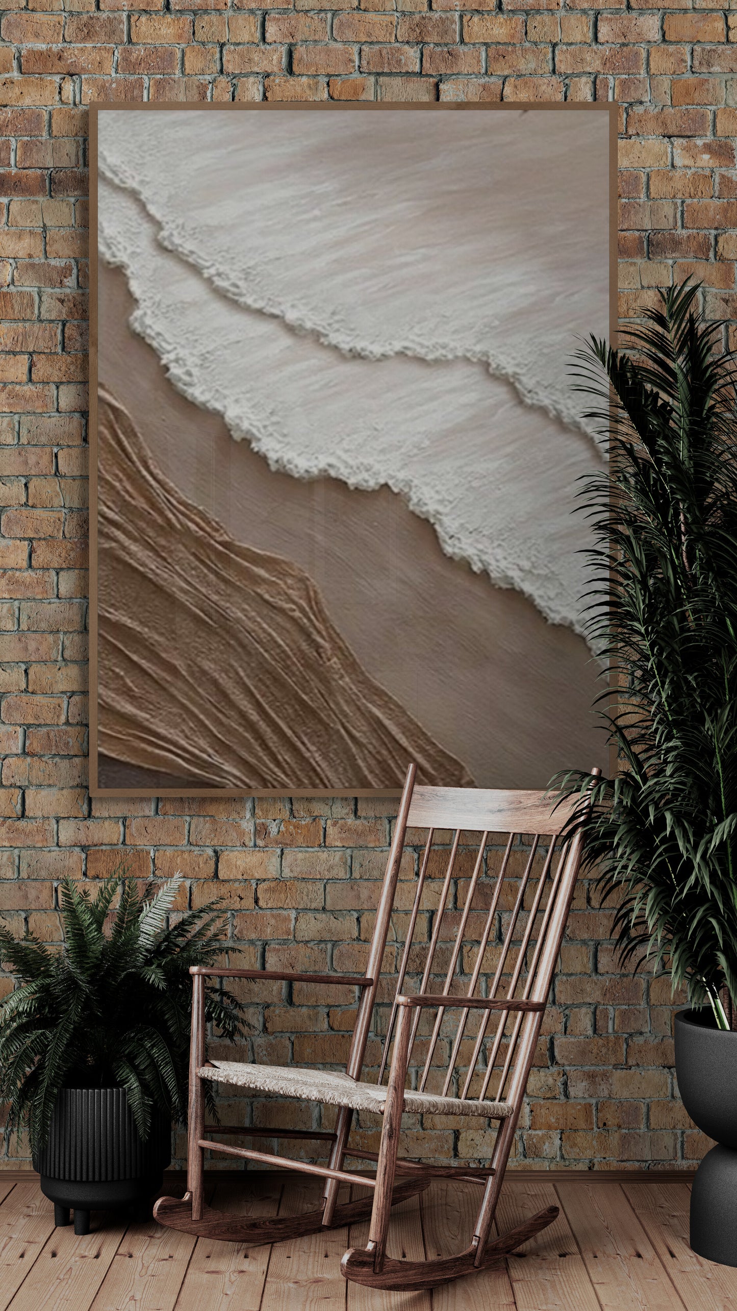 With wooden frame and acrylic paint ,Boho textured wall ,Brown ocean wave , Brown coastal  wall decor ,Sea wall art